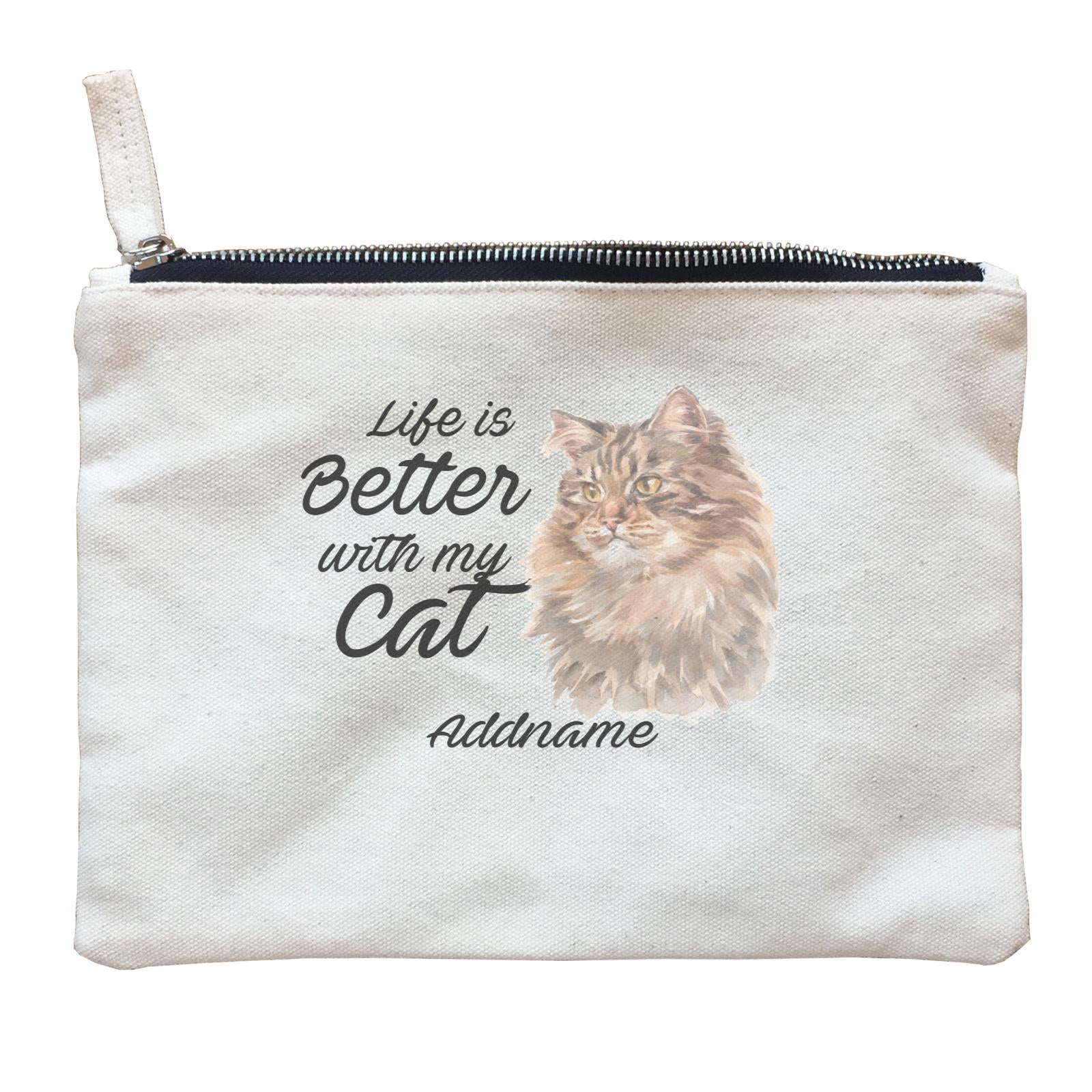 Watercolor Life is Better With My Cat Siberian Cat Brown Addname Zipper Pouch