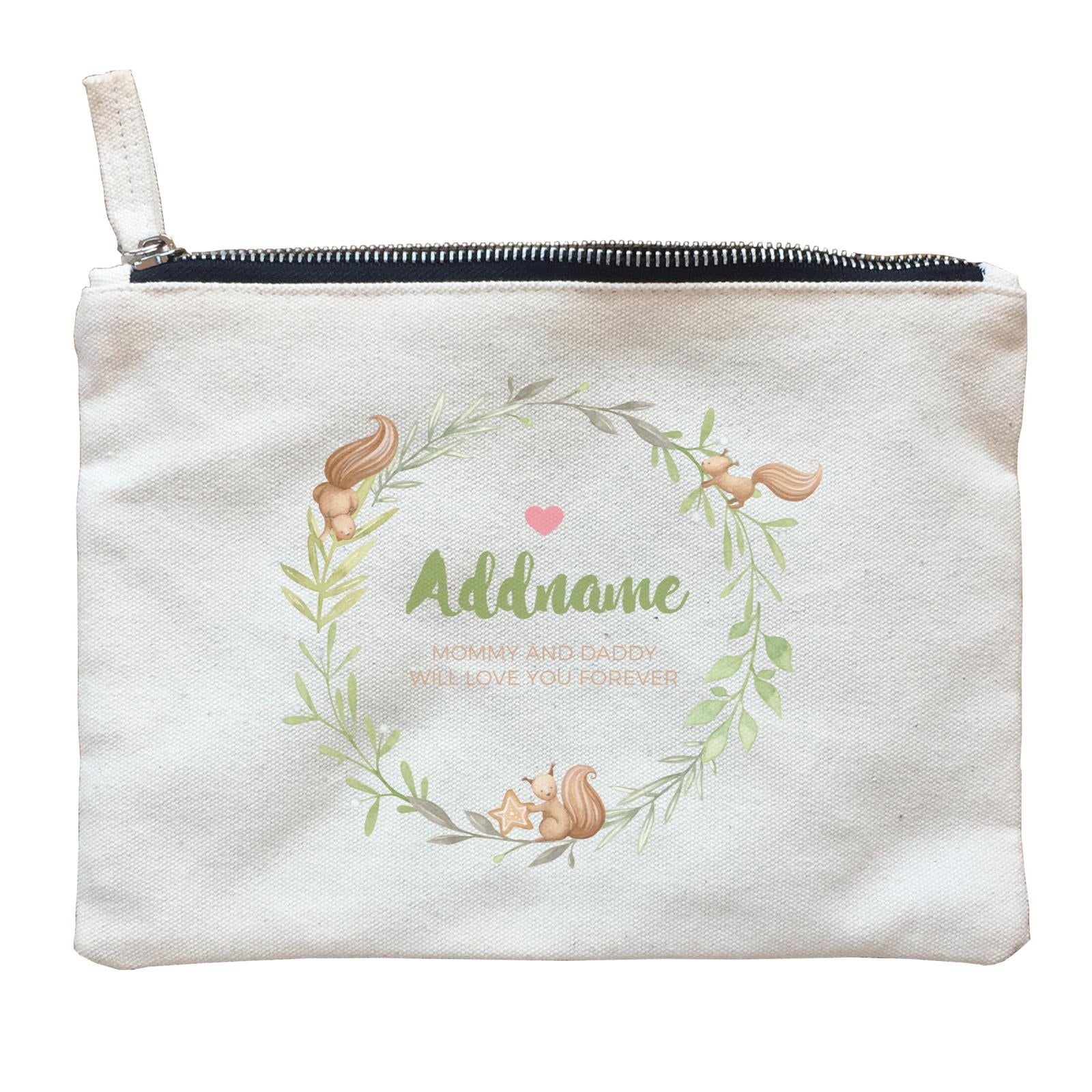 Watercolour Squirrels Green Wreath Personalizable with Name and Text Zipper Pouch