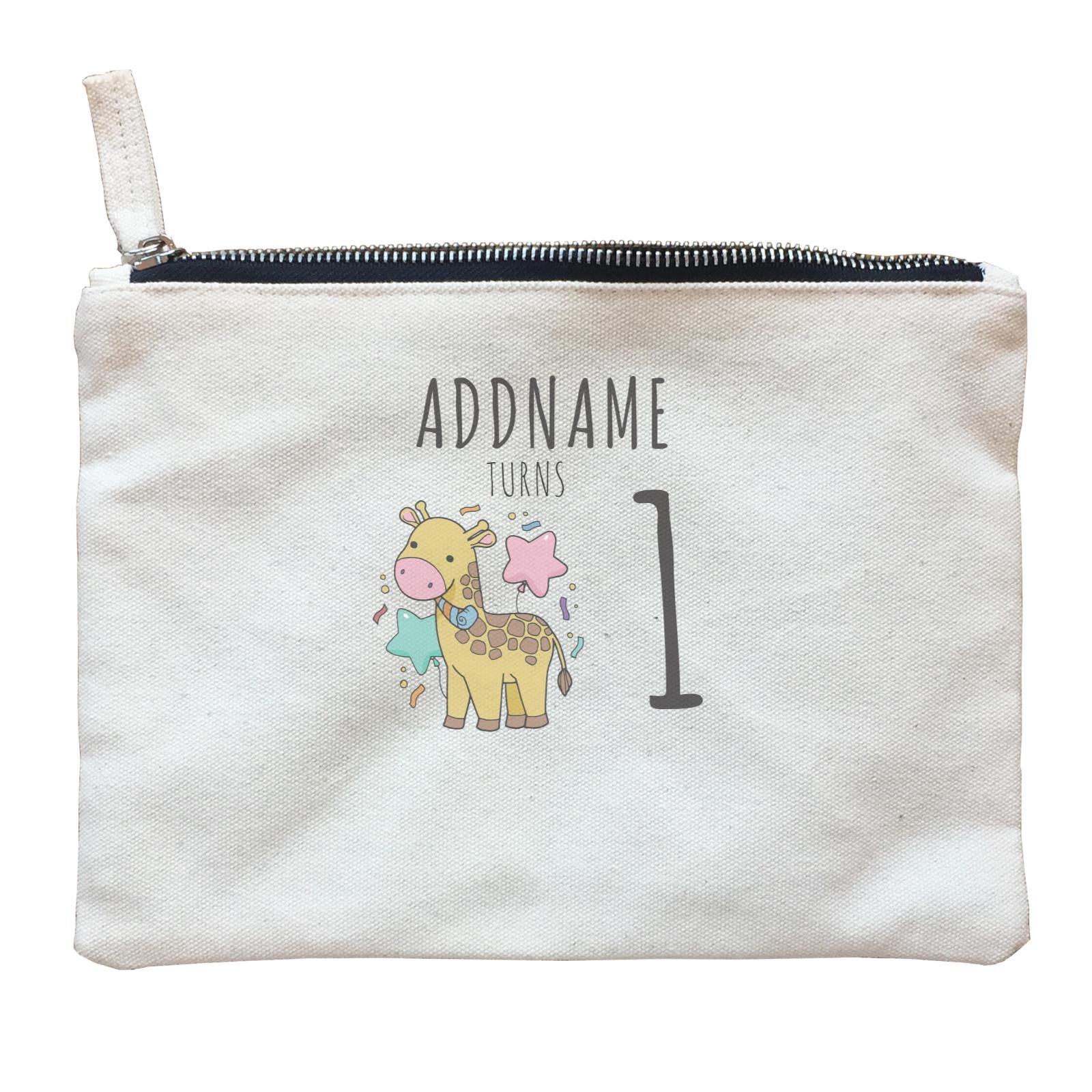 Birthday Sketch Animals Giraffe with Party Horn Addname Turns 1 Zipper Pouch