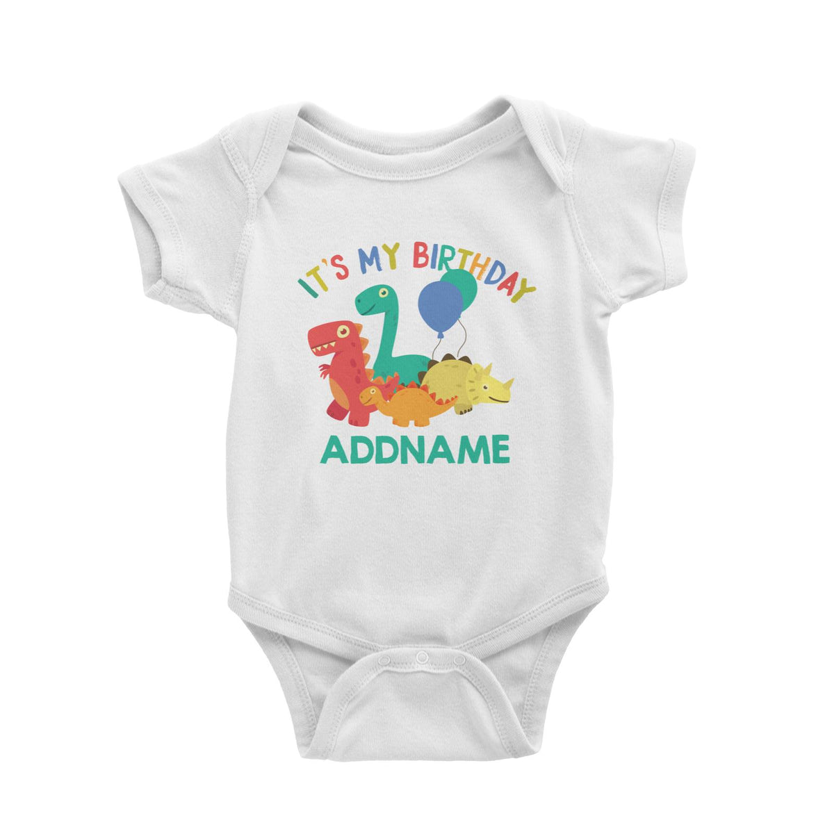 It's My Birthday Addname with Cute Dinosaurs and Balloons Birthday Theme Baby Romper