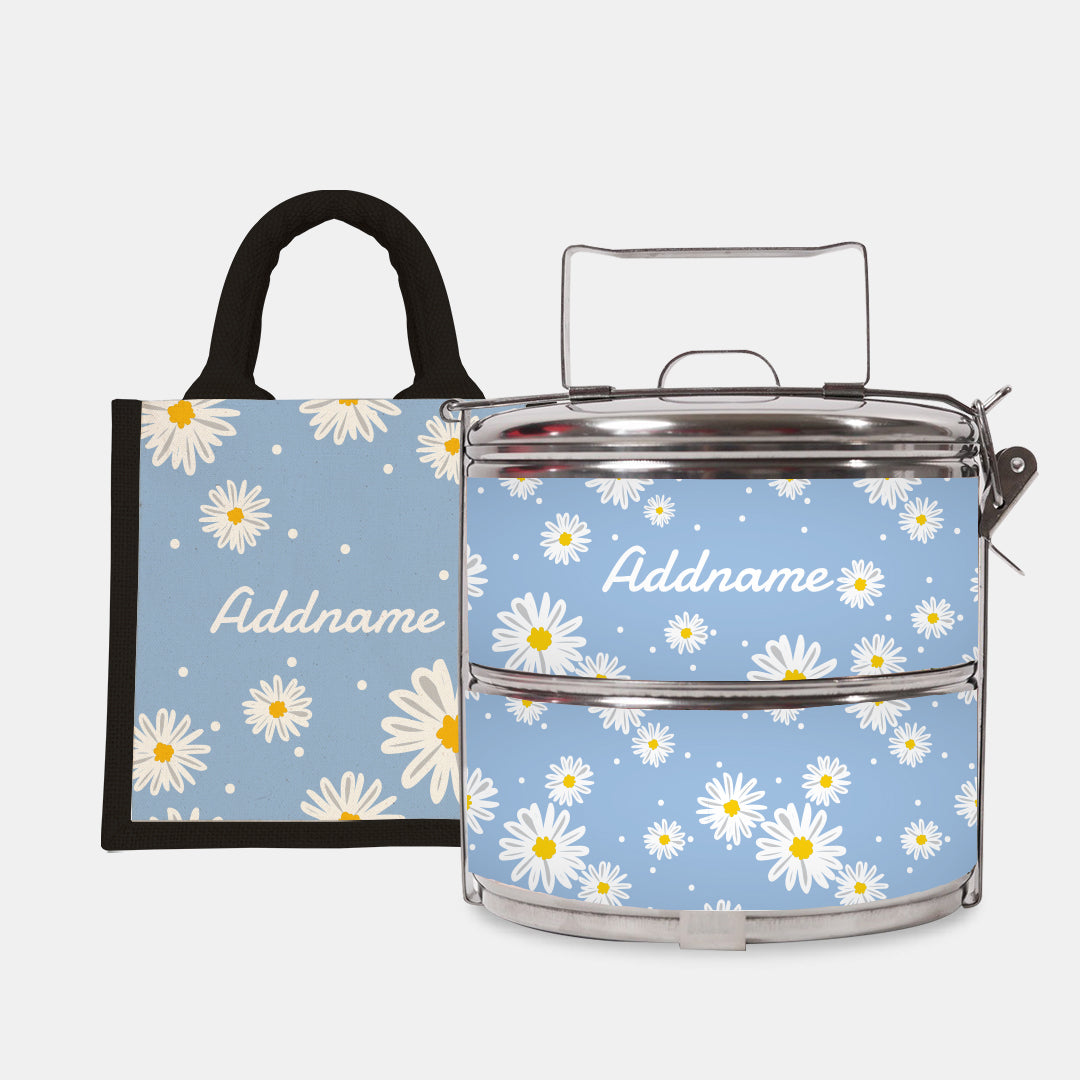 Daisy Series Half Lining Lunch Bag Wtih Standard Two Tier Tiffin Carrier - Frost Black