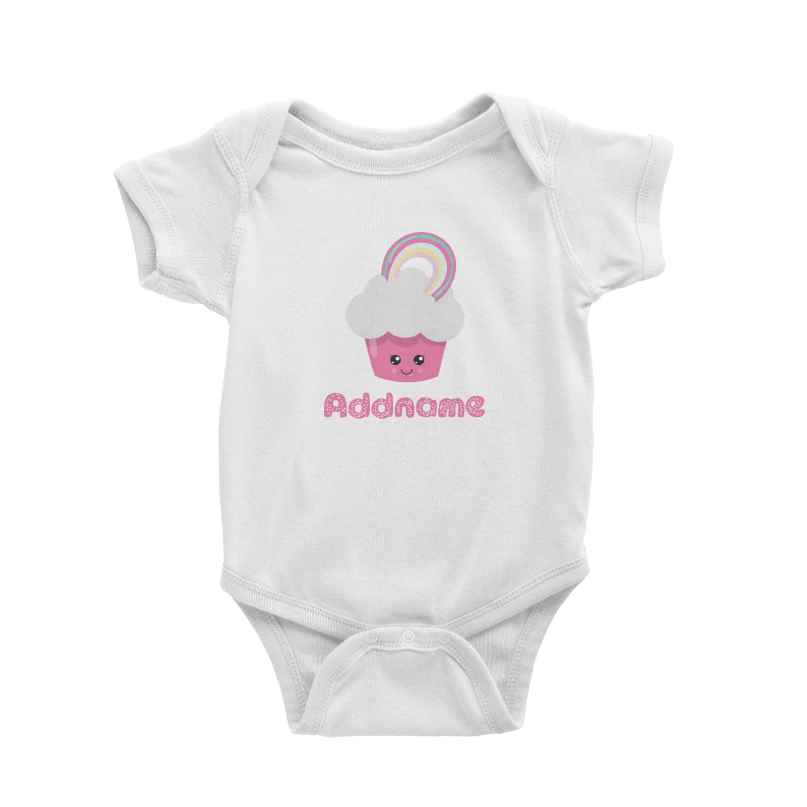 Magical Sweets Pink Cupcake with Rainbow Addname White Baby Romper