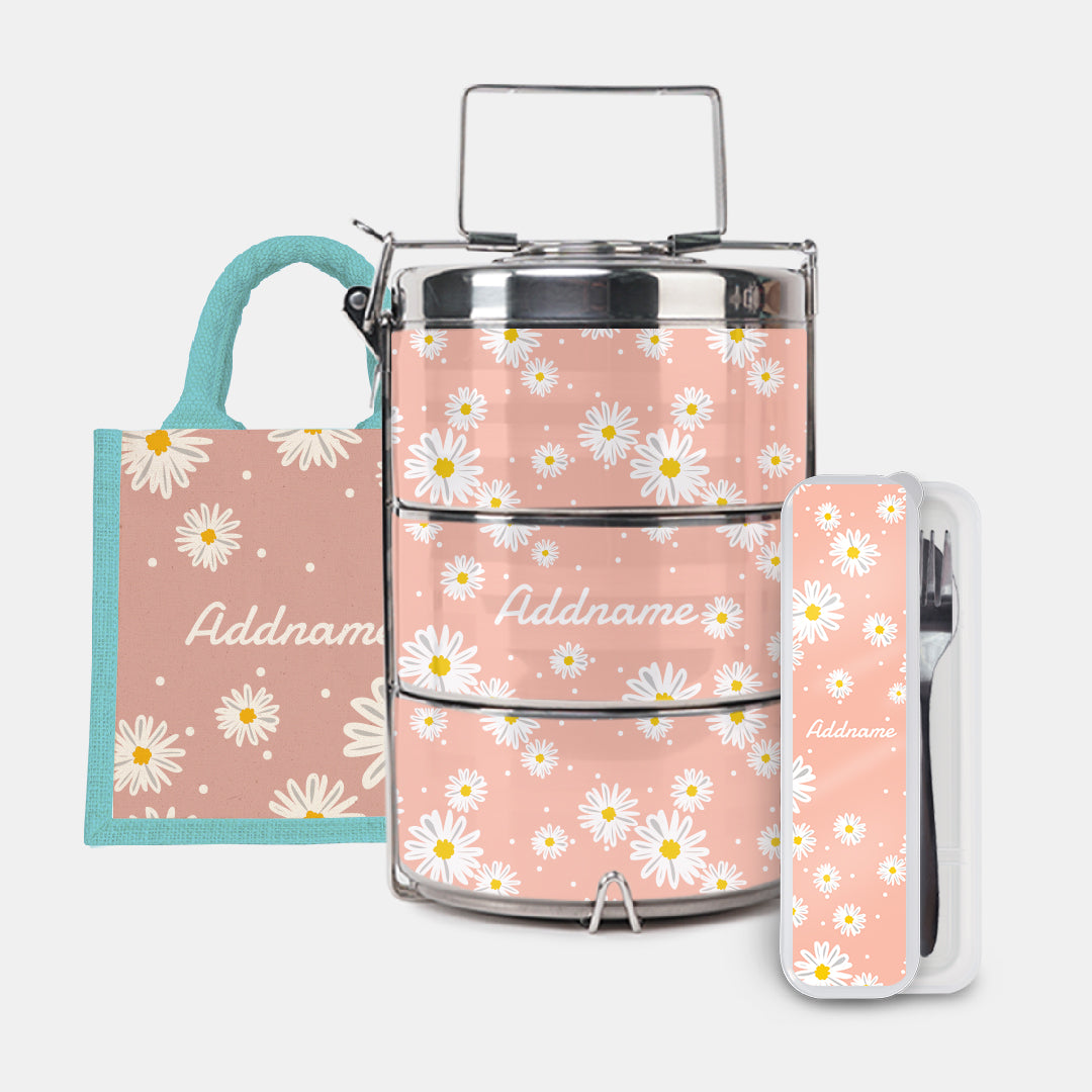Daisy Series Half Lining Lunch Bag, Premium Tiffin Carrier And Cutlery Set - Coral Light Blue