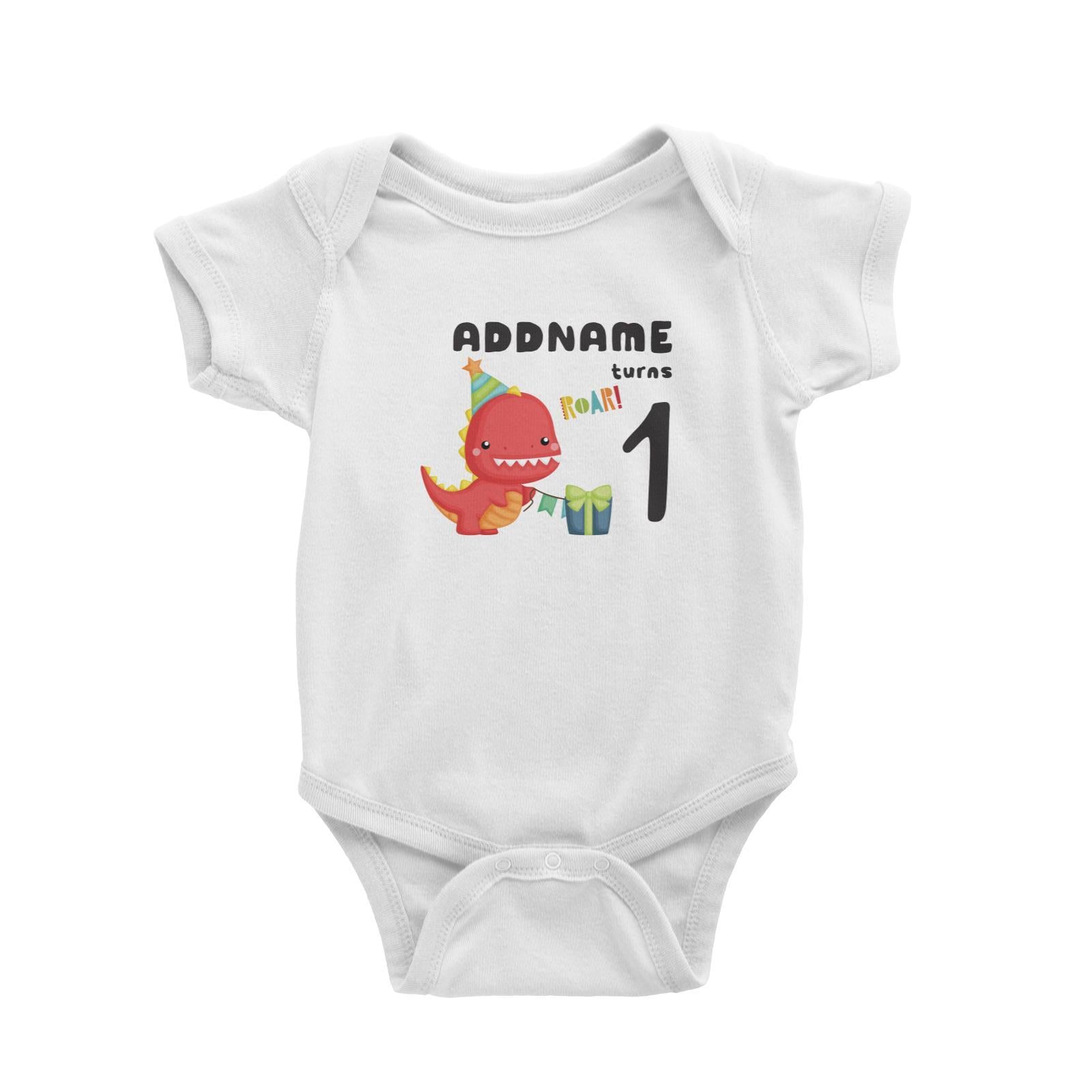 Birthday Dinosaur Happy Red Rex Wearing Party Hat Addname Turns 1 Baby Romper