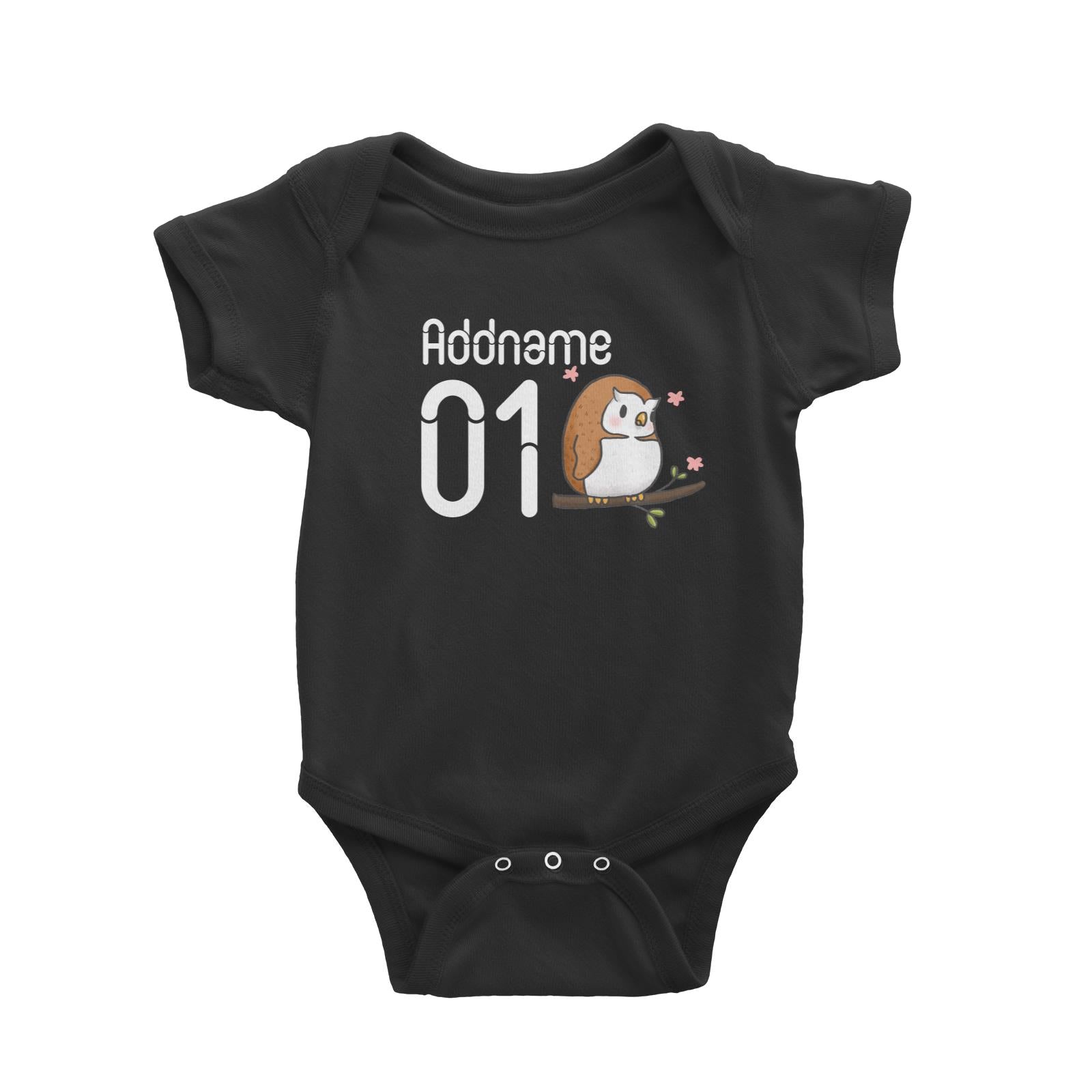 Name and Number Cute Hand Drawn Style Owl Baby Romper