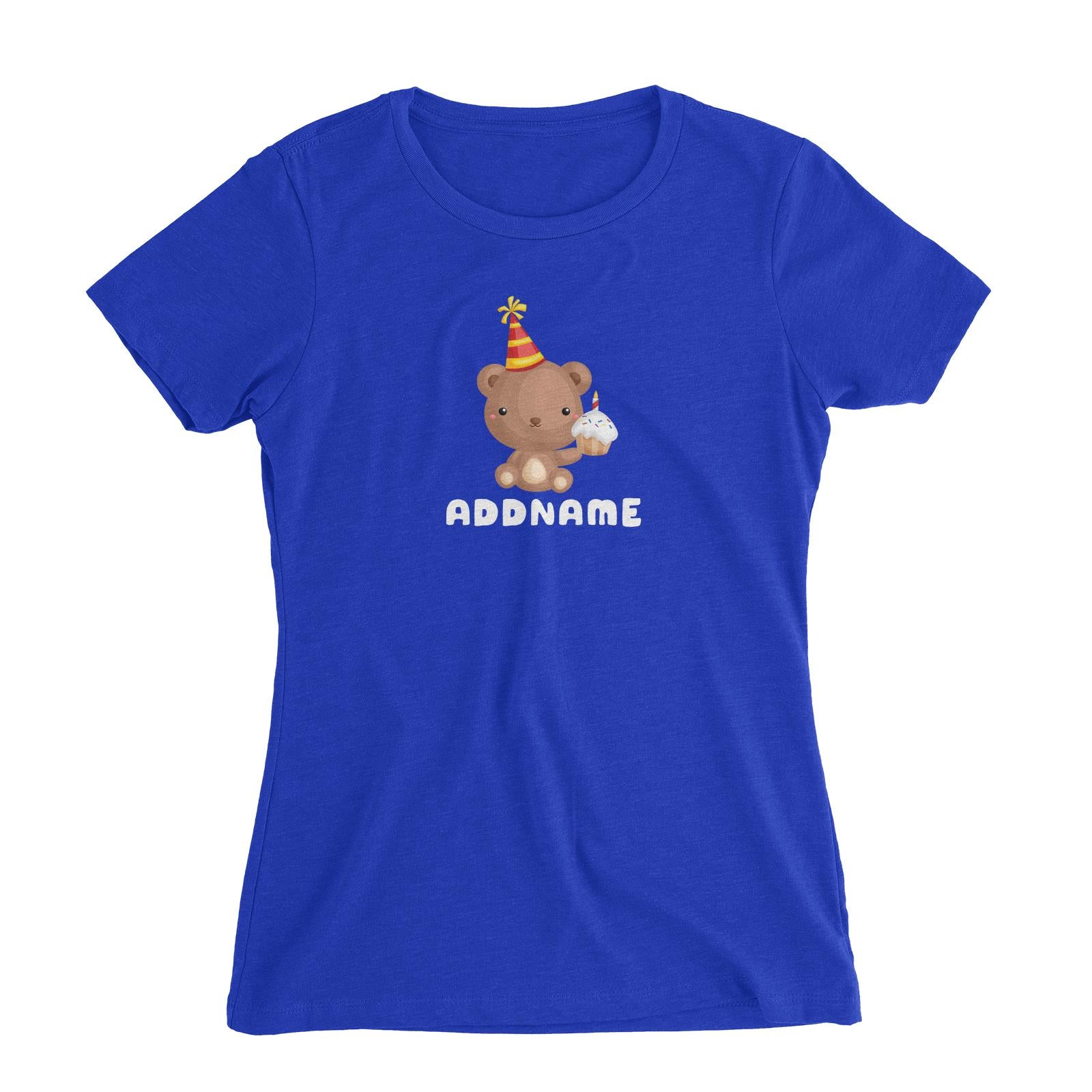 Birthday Friendly Animals Bear Holding Cupcake Addname Women's Slim Fit T-Shirt
