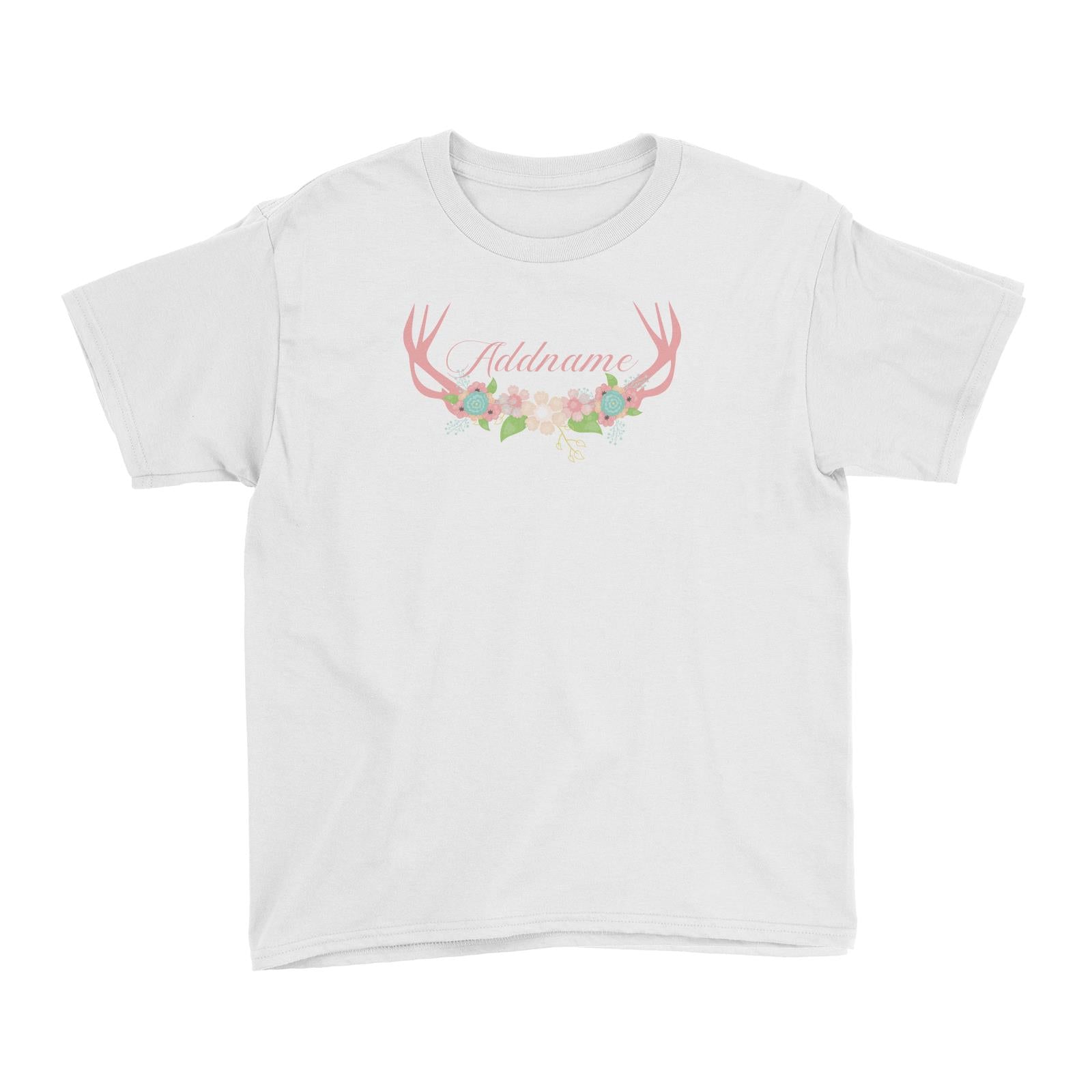 Basic Family Series Pastel Deer Pink Deer Antlers With Flower Addname Kid's T-Shirt