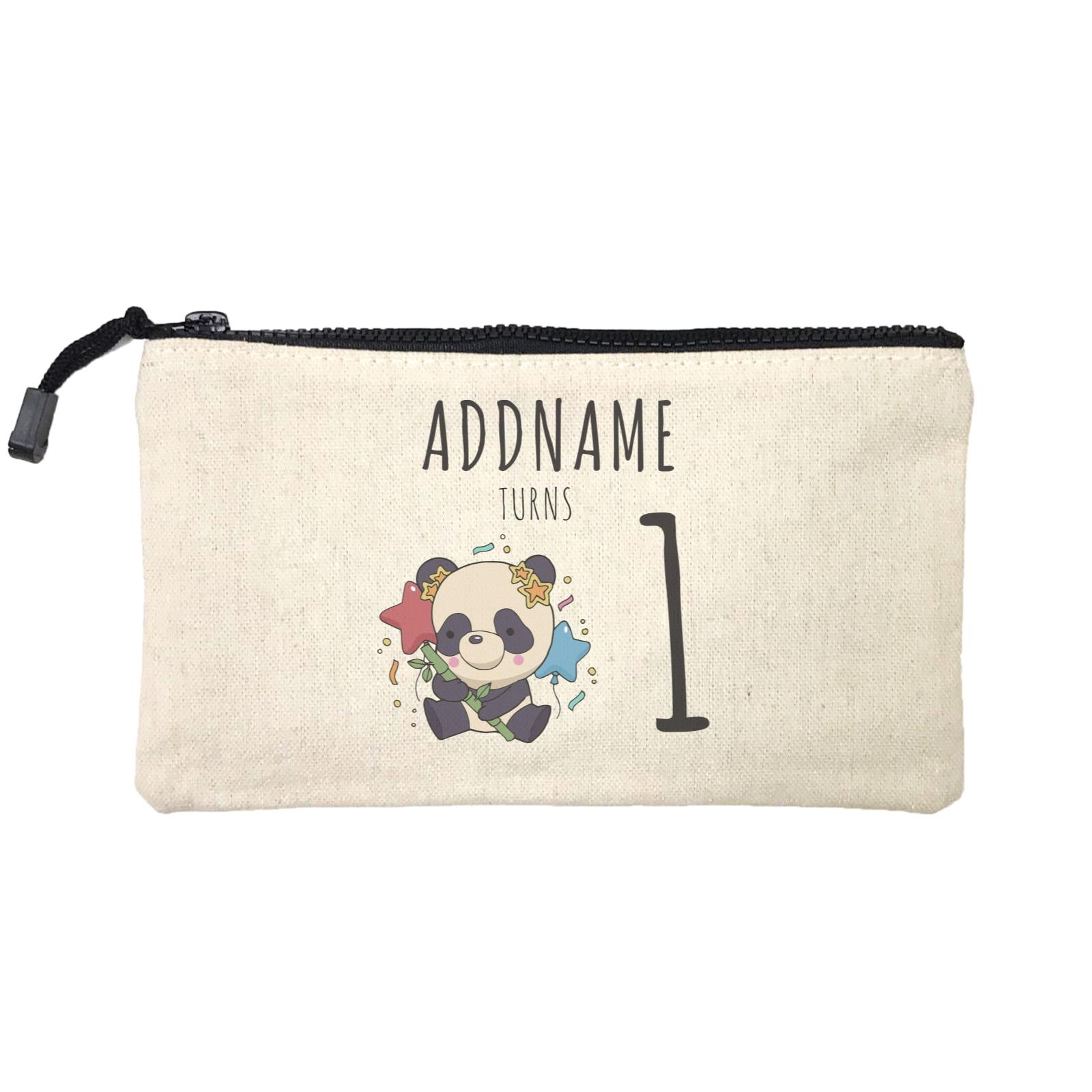Birthday Sketch Animals Panda with Party Hat Holding Bamboo Addname Turns 1 Mini Accessories Stationery Pouch