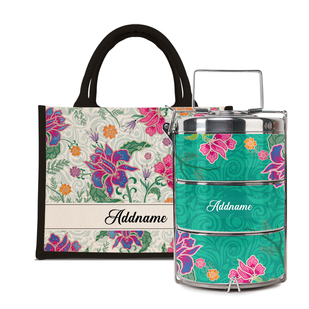 Modern Mahsuri Series - Legend Green Half Lining Small Jute Bag with Tiffin Carrier