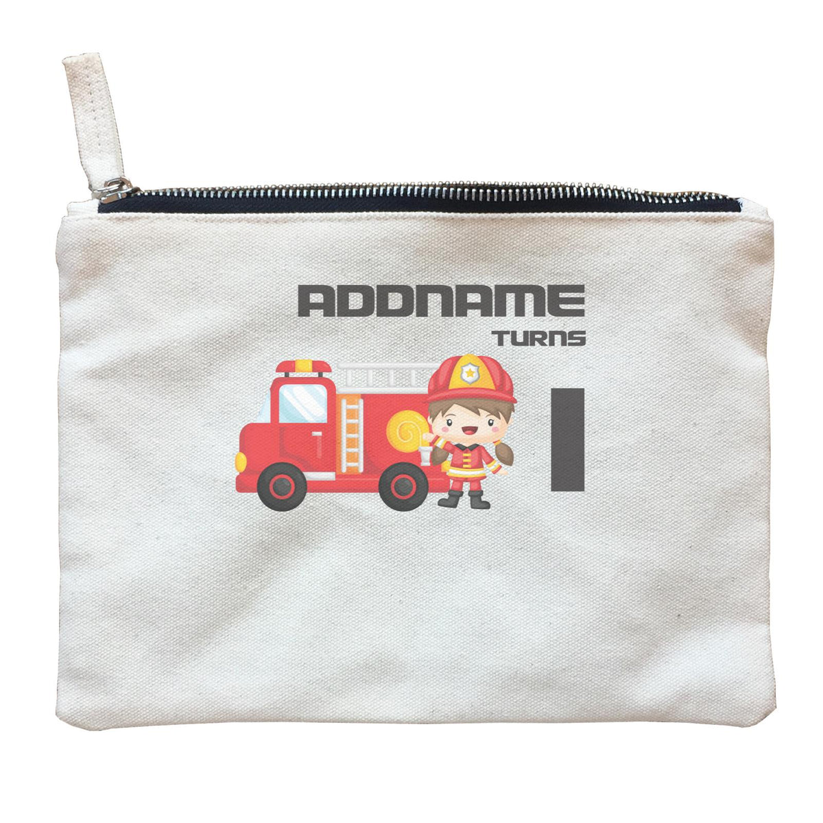 Birthday Firefighter Girl With Firetruck Addname Turns 1 Zipper Pouch