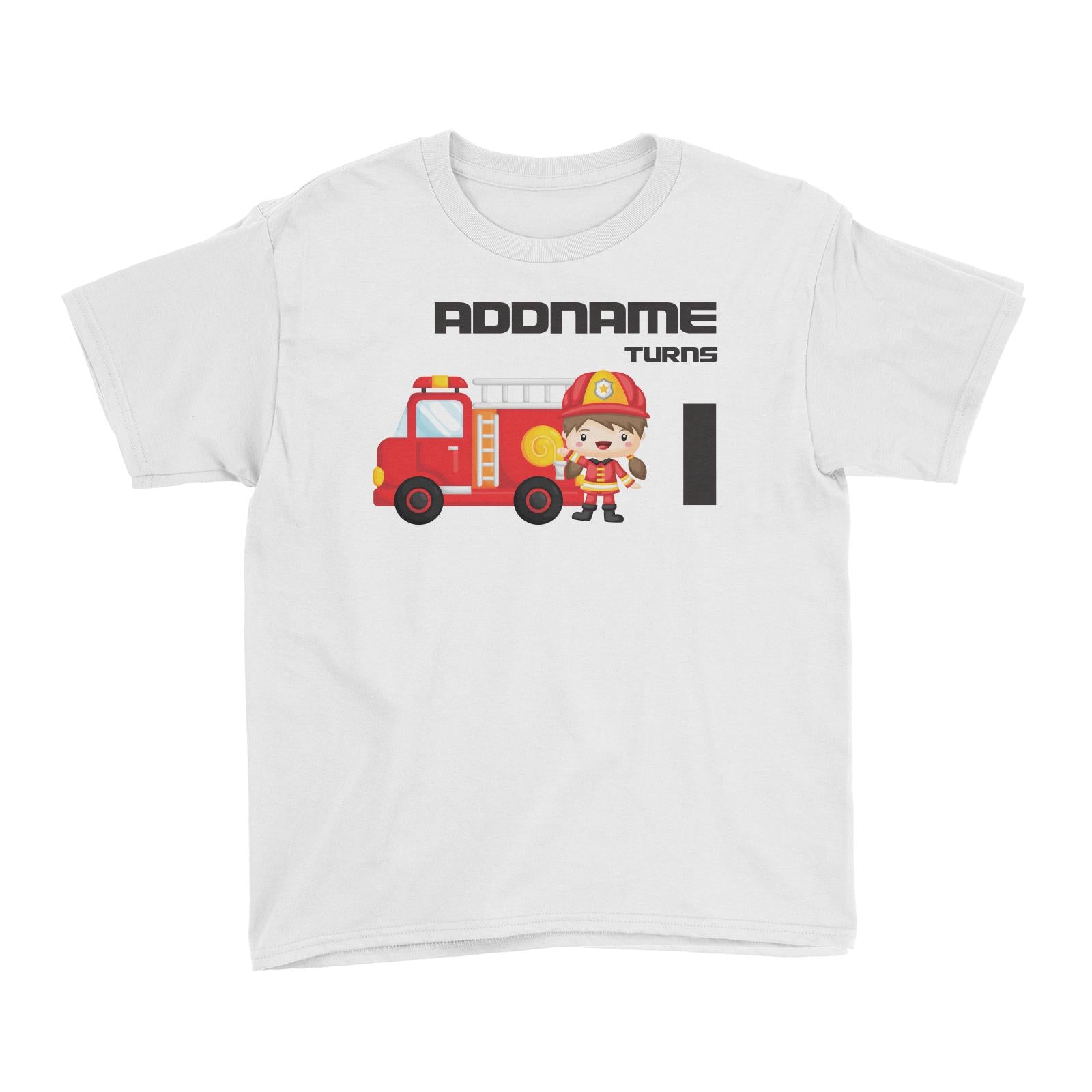 Birthday Firefighter Girl With Firetruck Addname Turns 1 Kid's T-Shirt