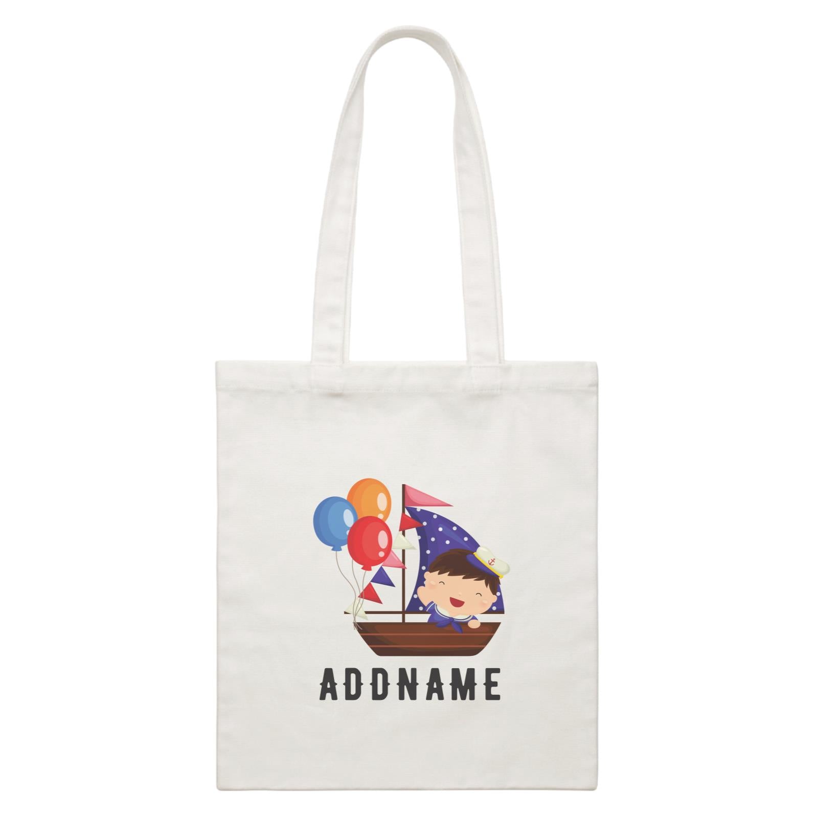 Birthday Sailor Baby Boy In Ship With Balloon Addname White Canvas Bag