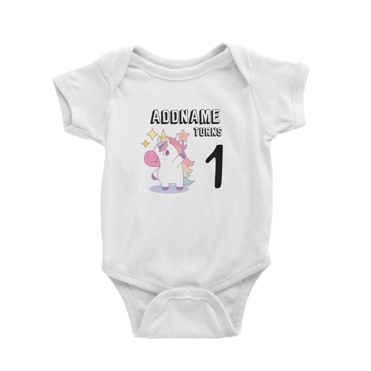 Birthday Unicorn Girl With Magic Wand Addname Turns 1 Baby Romper
