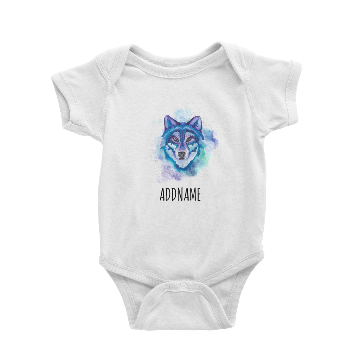 Watercolour Blue Wolf White White Baby Romper