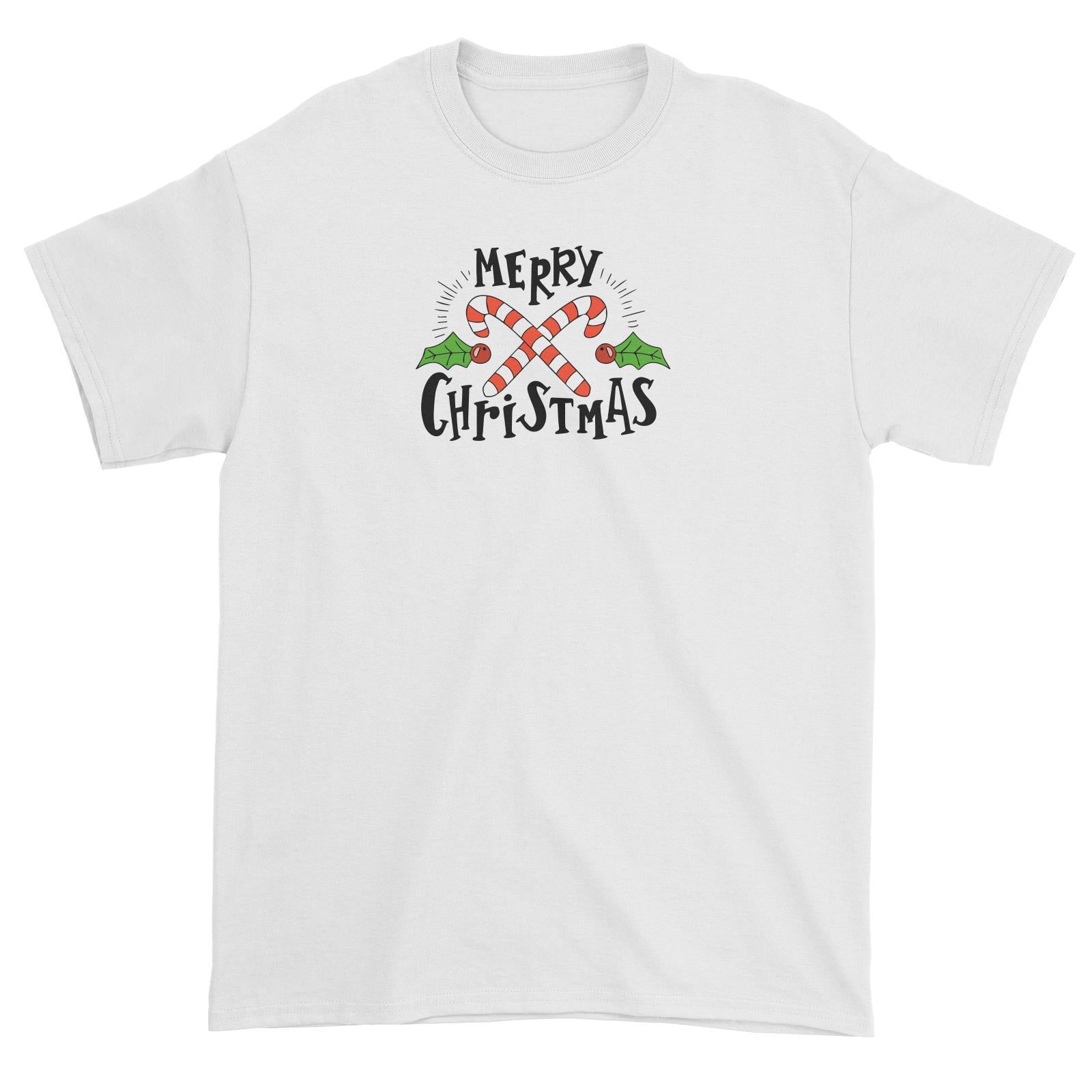 Merry Chrismas with Holly and Candy Cane Greeting Unisex T-Shirt Christmas Matching Family Lettering