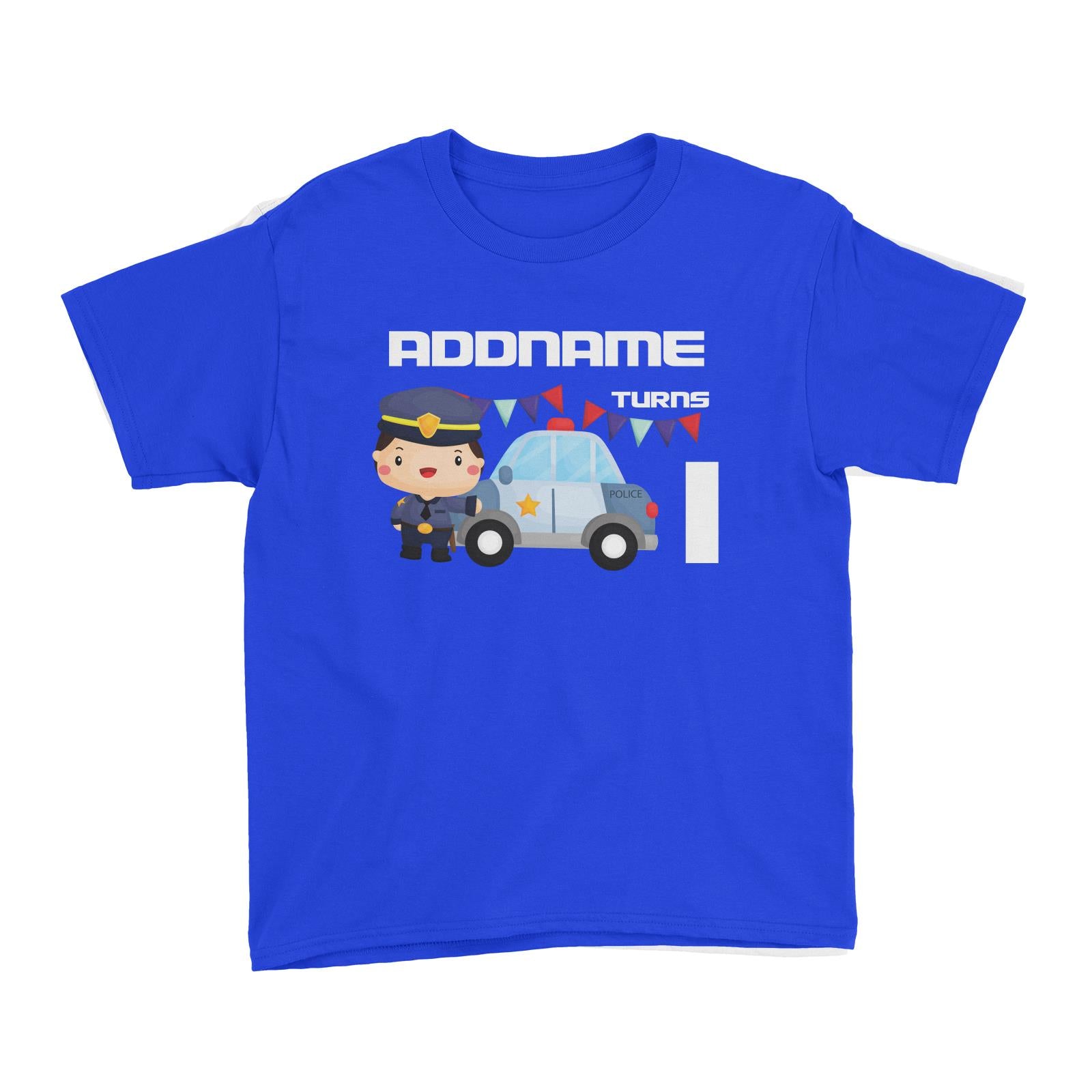 Birthday Police Officer Boy In Suit With Police Car Addname Turns 1 Kid's T-Shirt