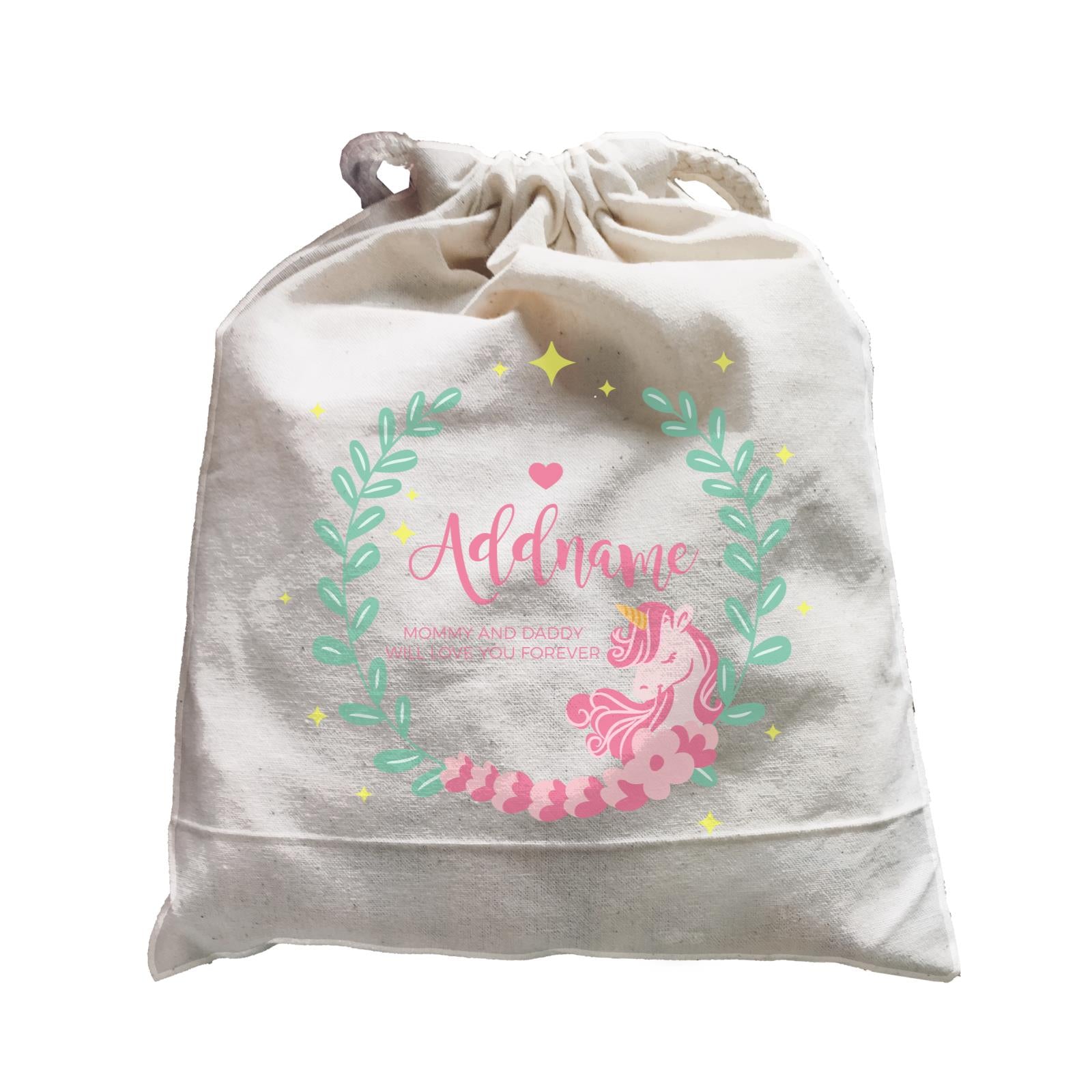 Cute Pink Unicorn with Pastel Green Leaves Wreath Personalizable iwth Name and Text Satchel