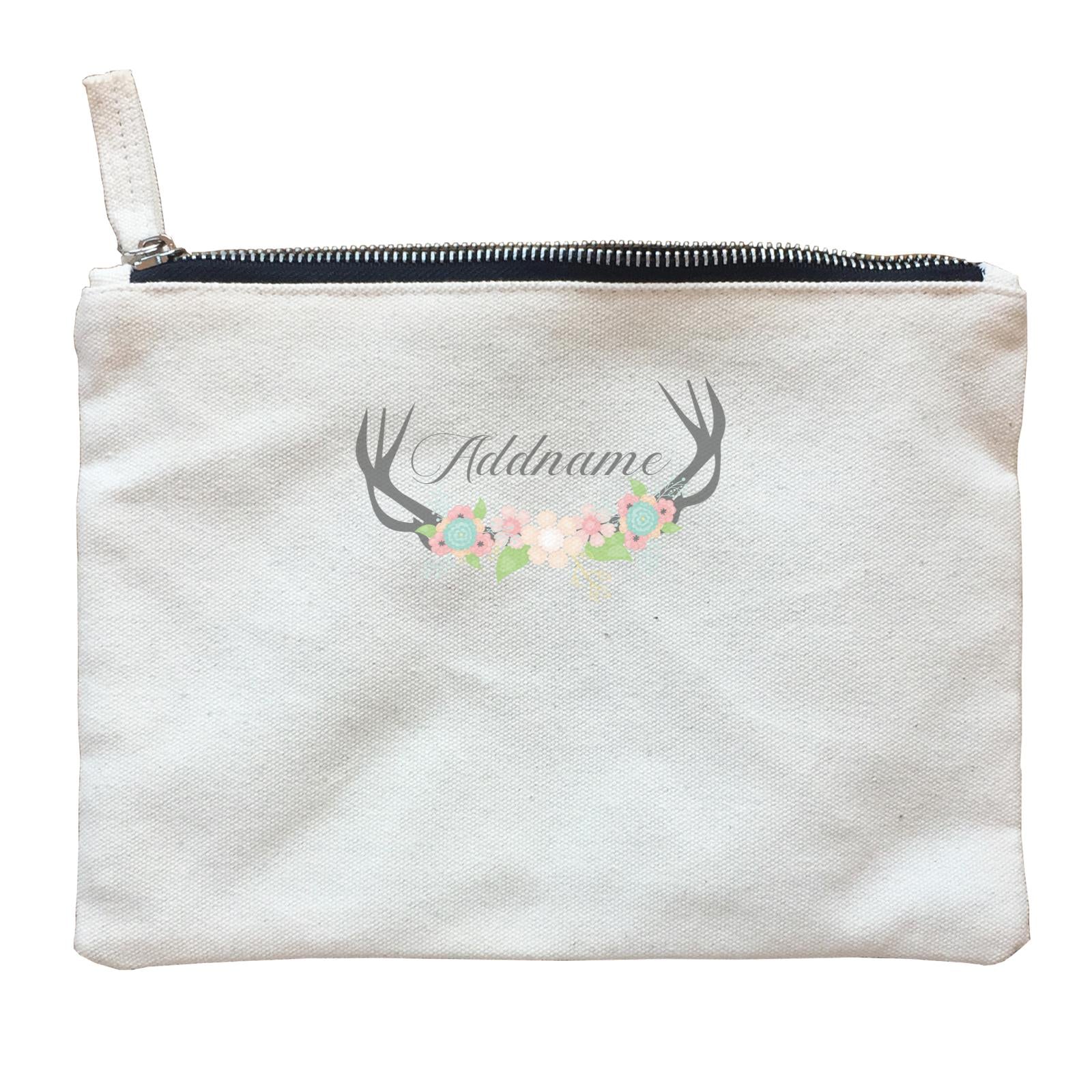 Basic Family Series Pastel Deer Black Deer Antlers With Flower Addname Zipper Pouch