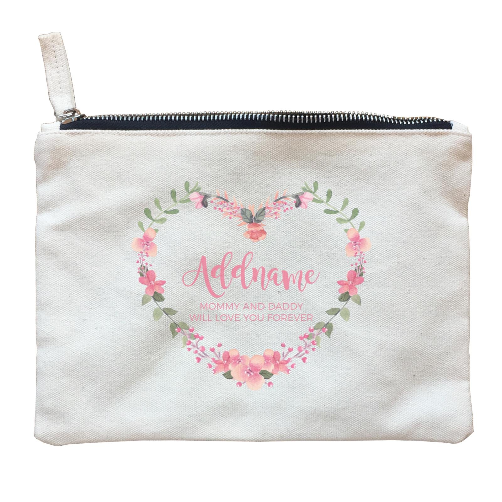 Pink Heart Shaped Flower Wreath Personalizable with Name and Text Zipper Pouch
