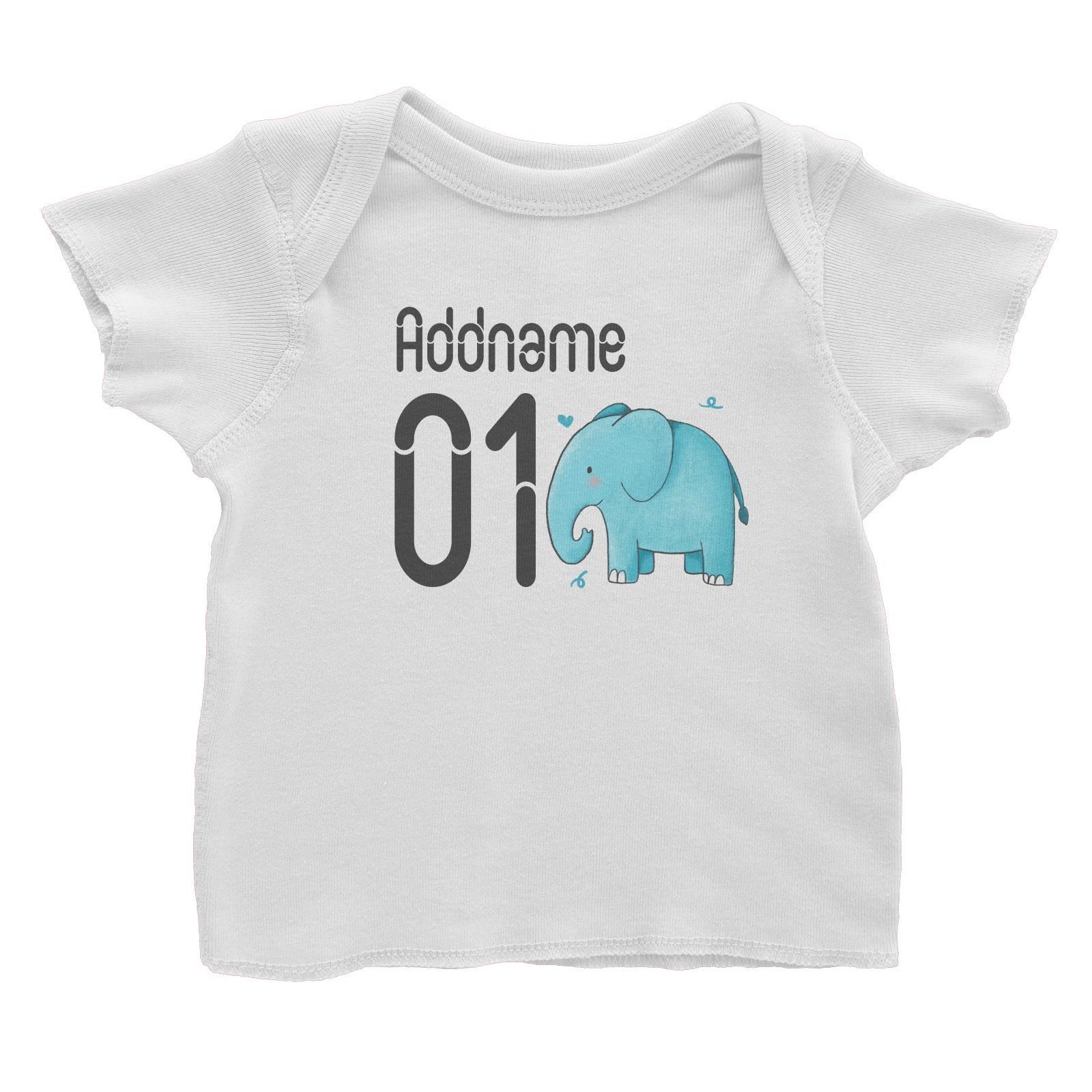 Name and Number Cute Hand Drawn Style Elephant Baby T-Shirt (FLASH DEAL)