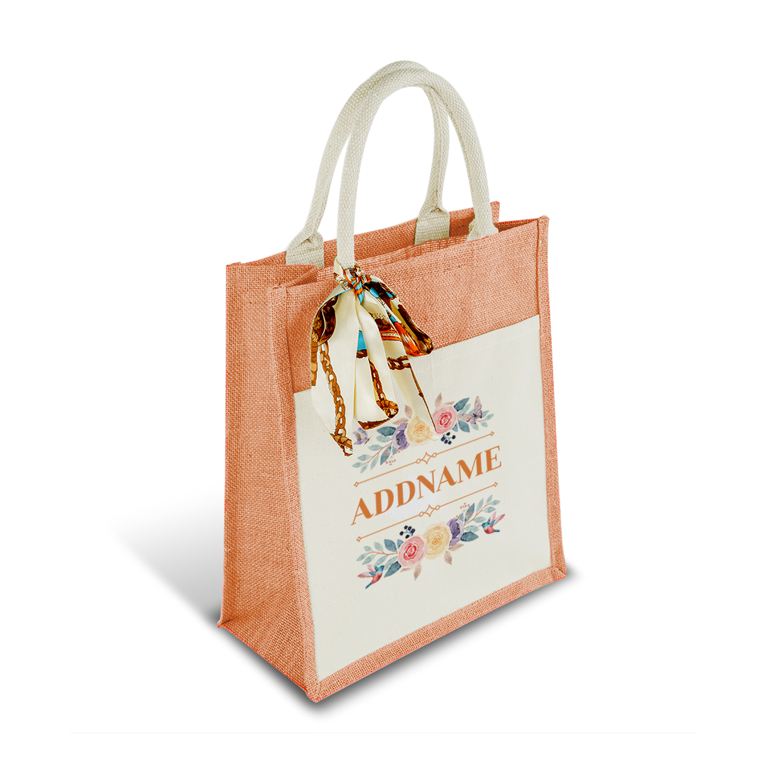 Le Fleur Series Raffinée Orange Colourful Jute Bag With Front Pocket