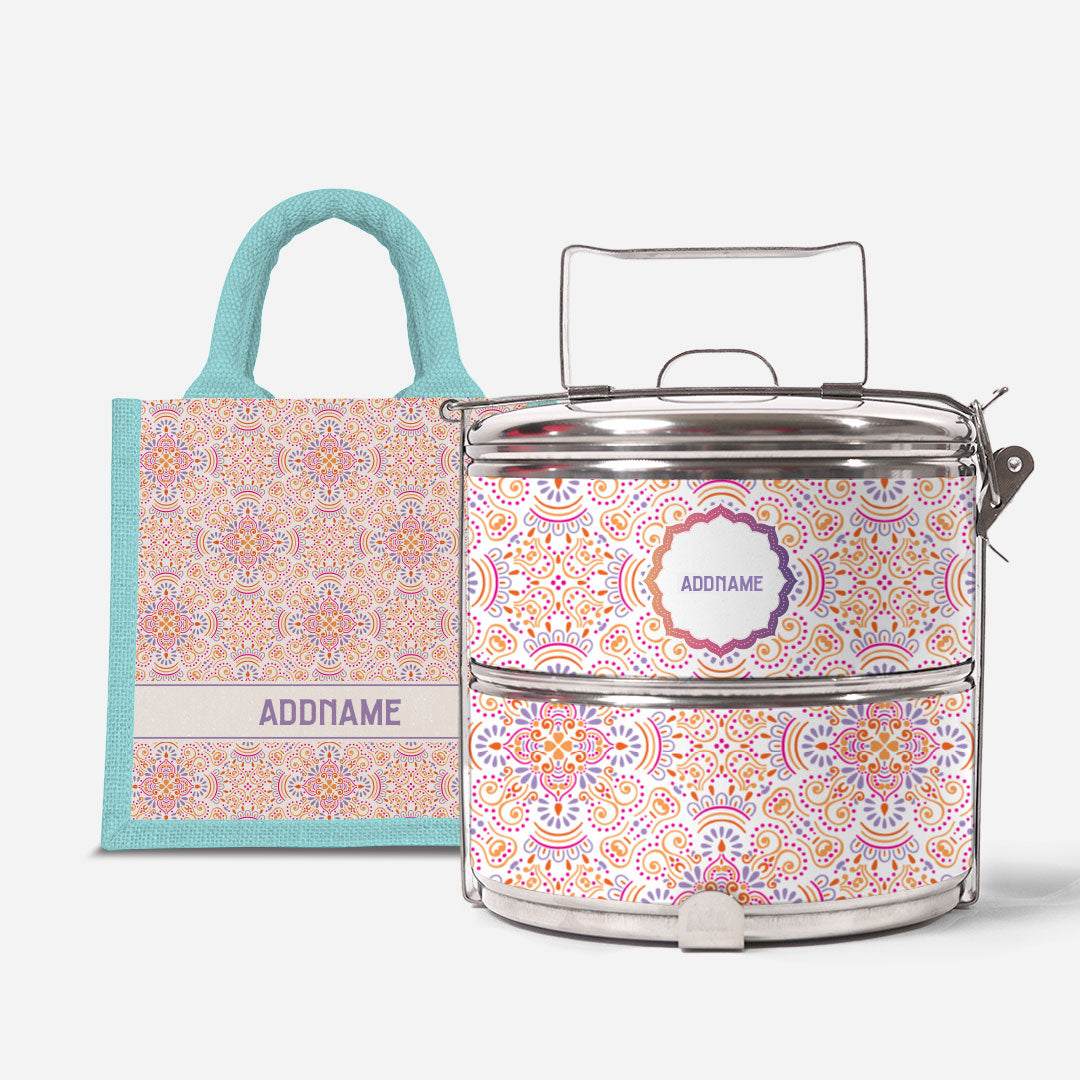Pookal Series Standard Two Tier Tiffin with Half Lining Lunch Bag - Triumph Light Blue