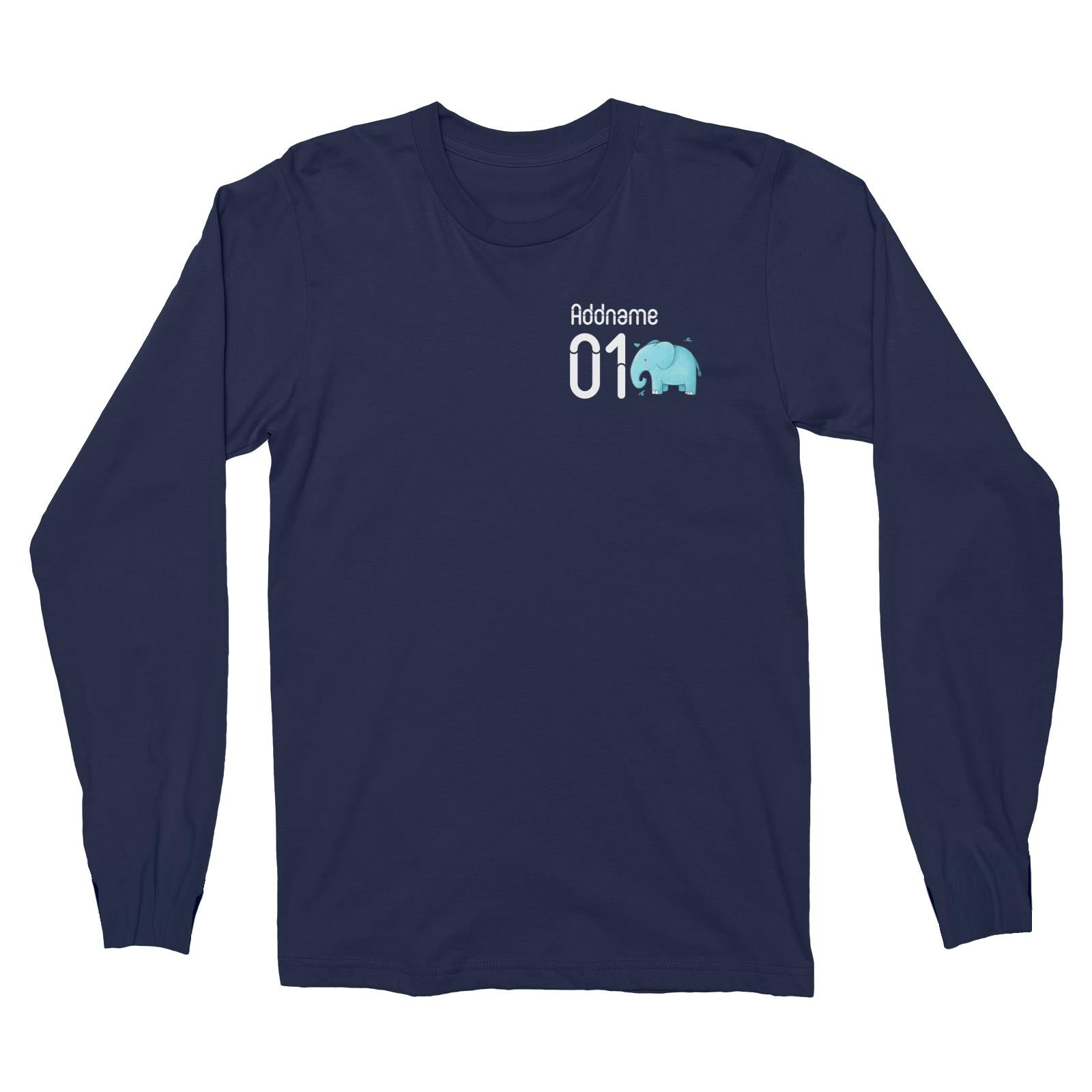 Pocket Name and Number Cute Hand Drawn Style Elephant Long Sleeve Unisex T-Shirt