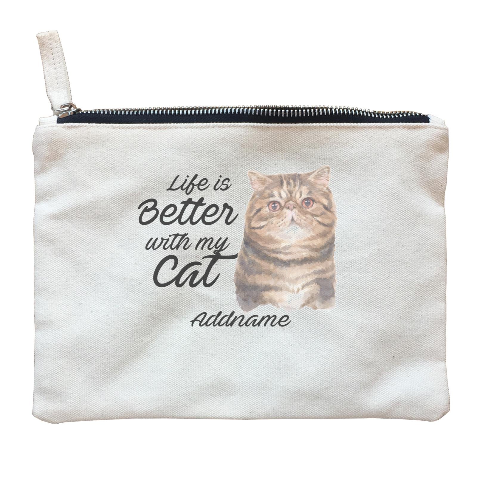 Watercolor Life is Better With My Cat Exotic Shorthair Brown Addname Zipper Pouch