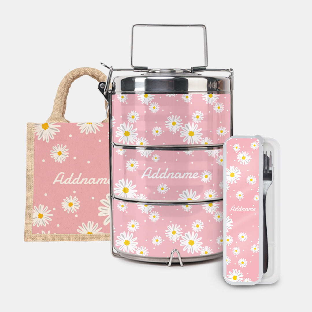 Daisy Series Half Lining Lunch Bag, Standard Tiffin Carrier And Cutlery Set - Blush Natural