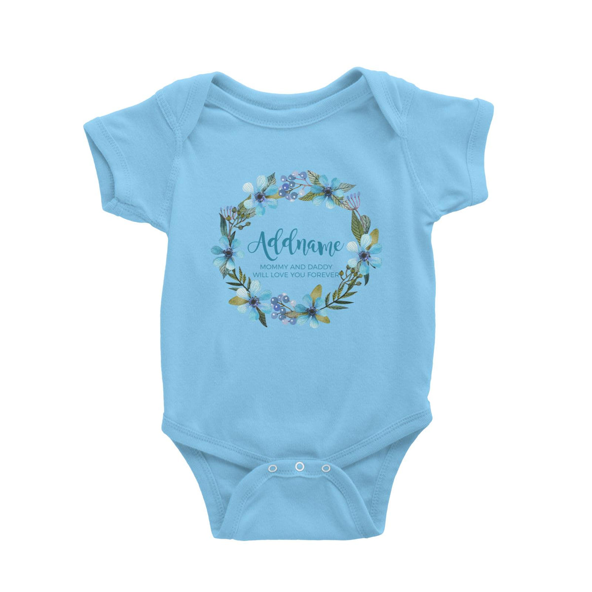 Turqoise Flower Wreath Personalizable with Name and Text Baby Romper