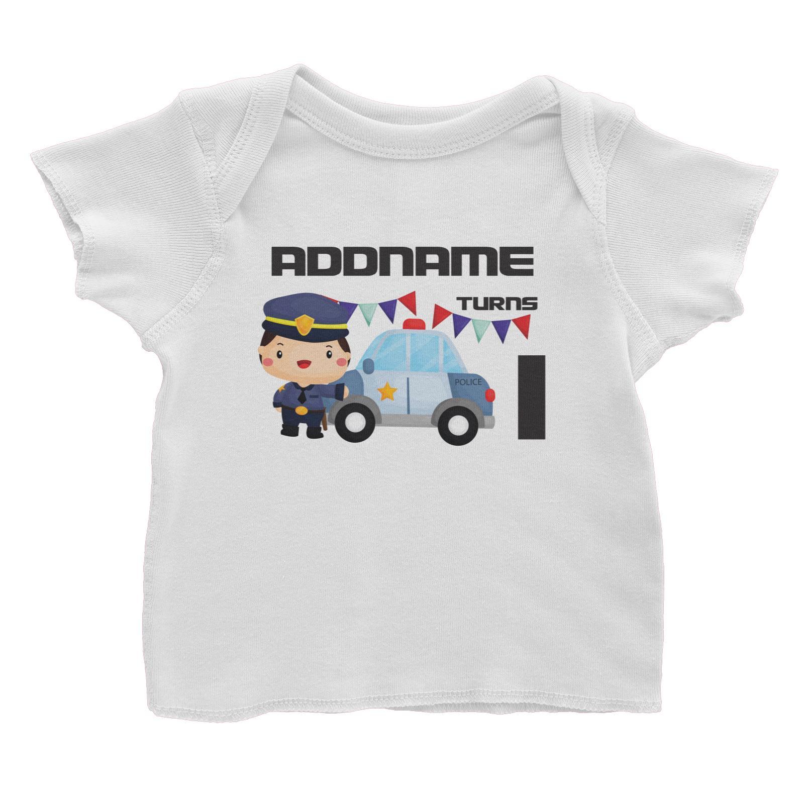Birthday Police Officer Boy In Suit With Police Car Addname Turns 1 Baby T-Shirt