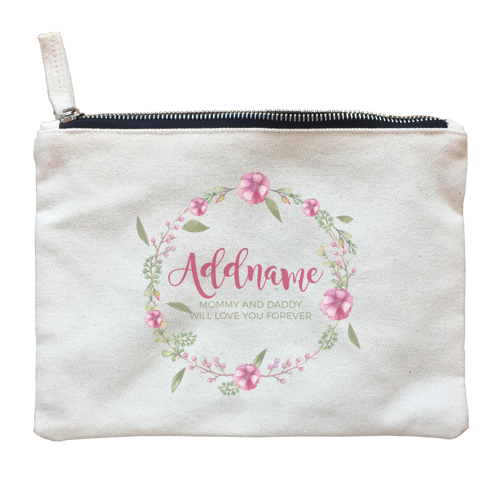 Pink Flower Wreath Personalizable with Name and Text Zipper Pouch
