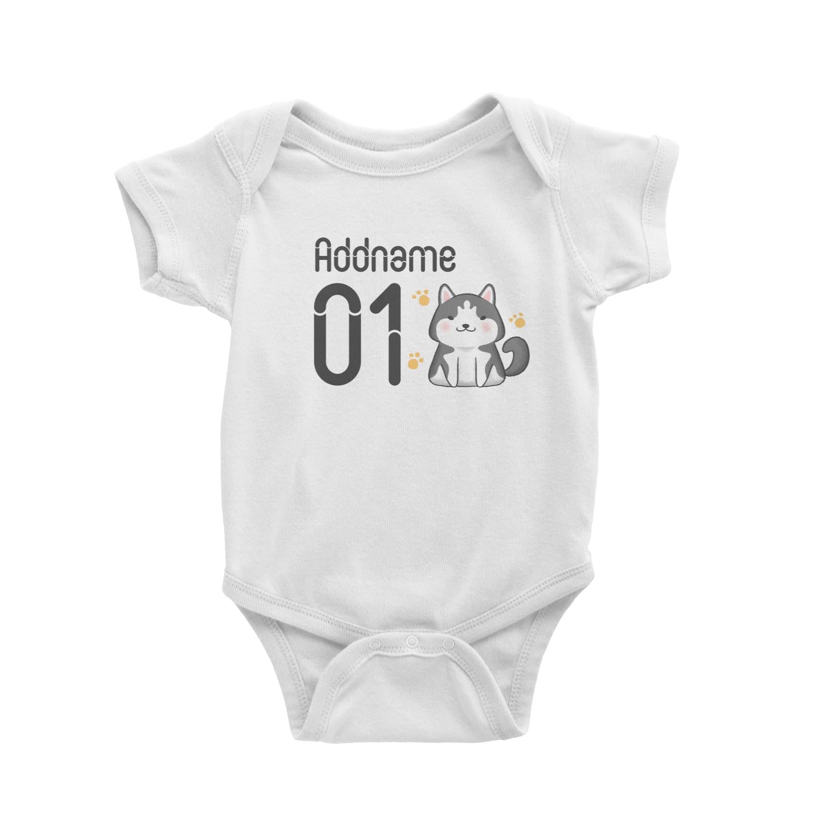 Name and Number Cute Hand Drawn Style Husky Baby Romper (FLASH DEAL)