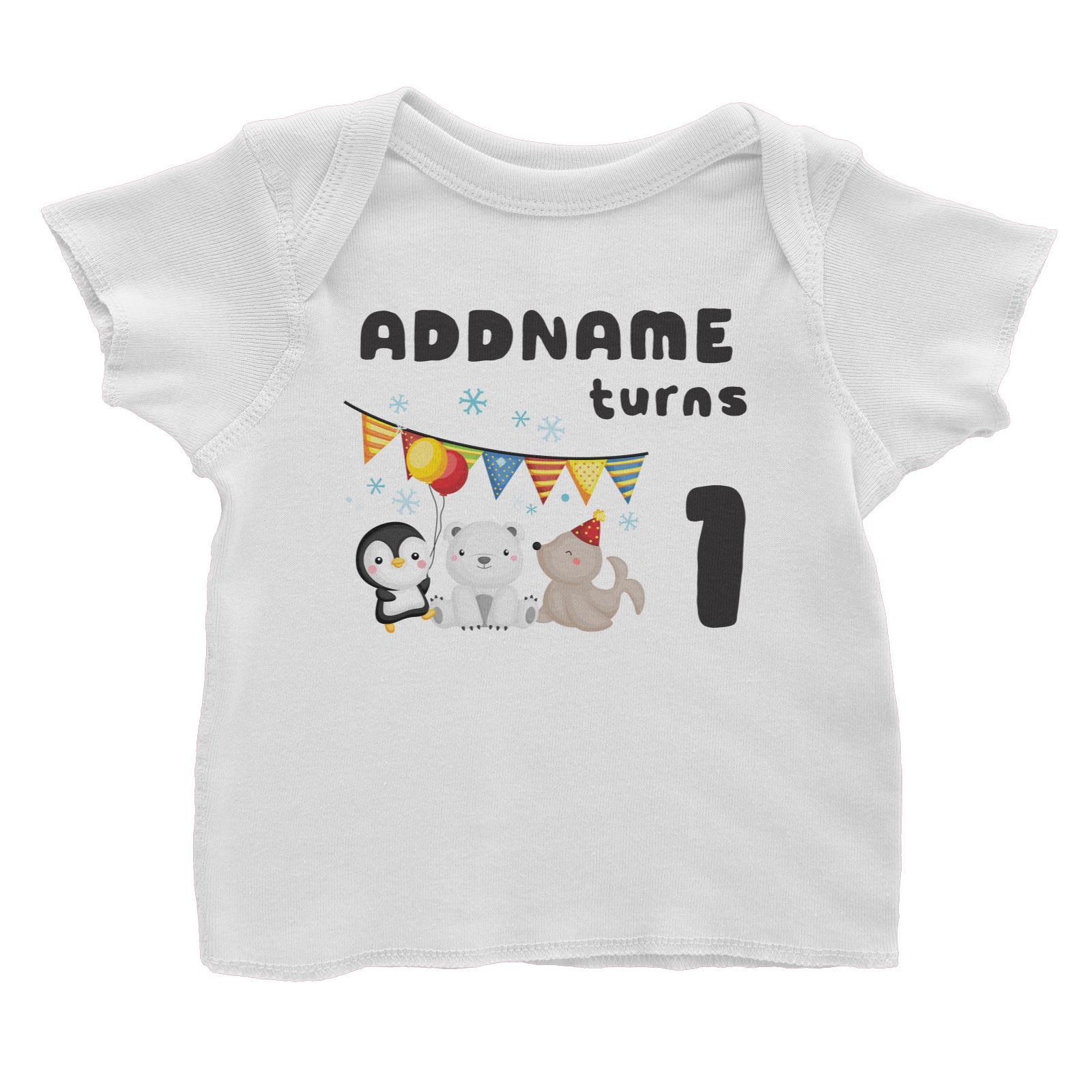 Birthday Winter Animals Penguin Polar Bear And Seal Party Addname Turns 1 Baby T-Shirt