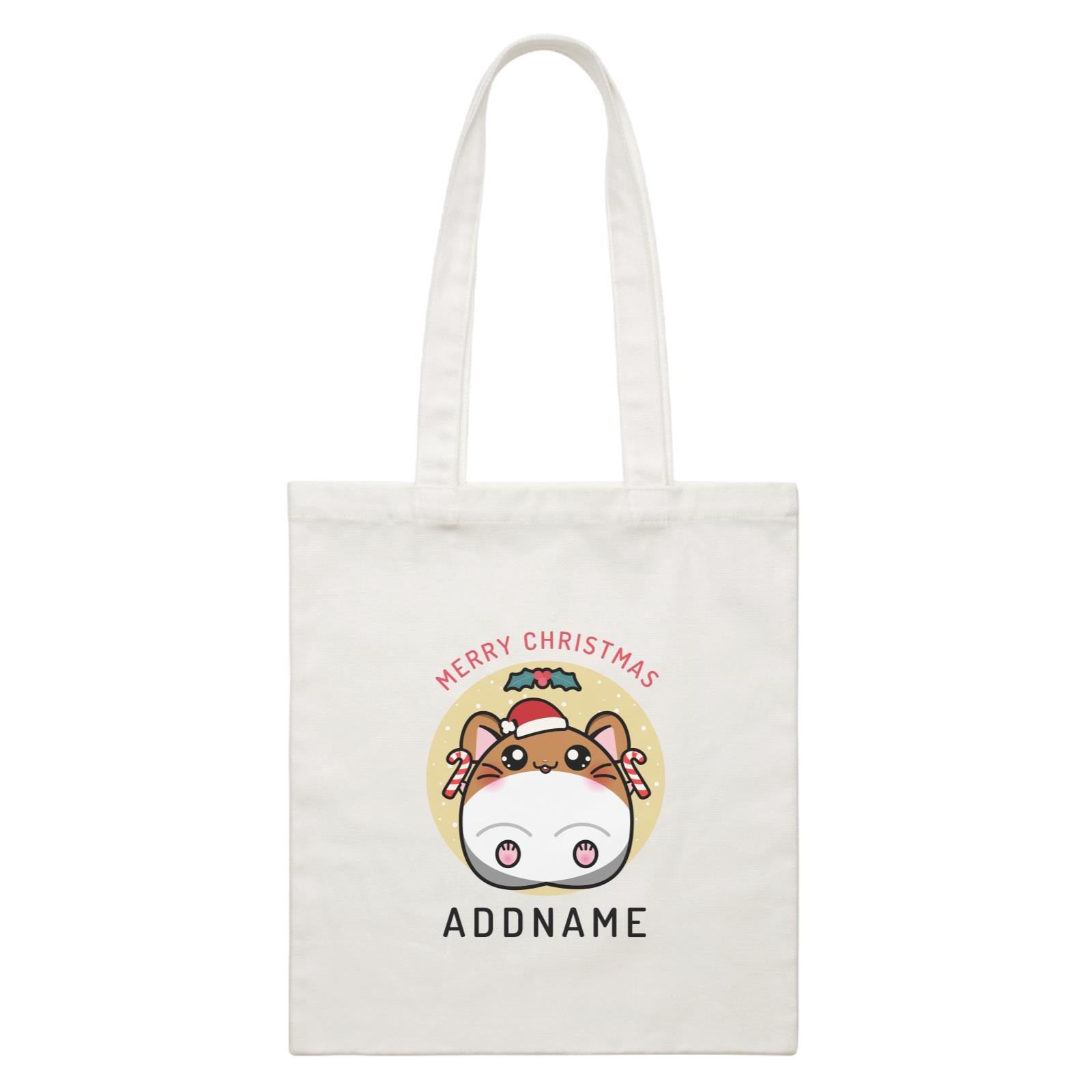 Merry Christmas Cute Santa Boy Hamster with Candy Cane White Canvas Bag