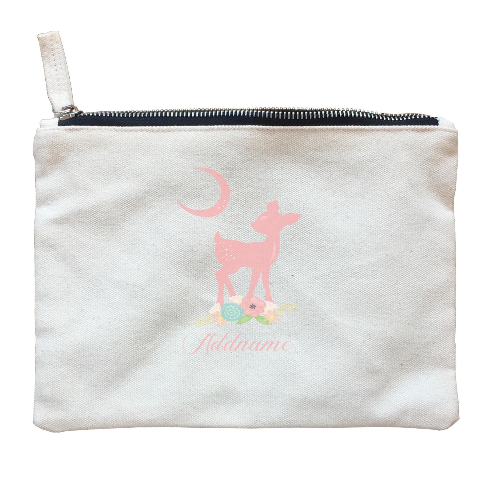 Basic Family Series Pastel Deer Pink Fawn With Flower Addname Zipper Pouch
