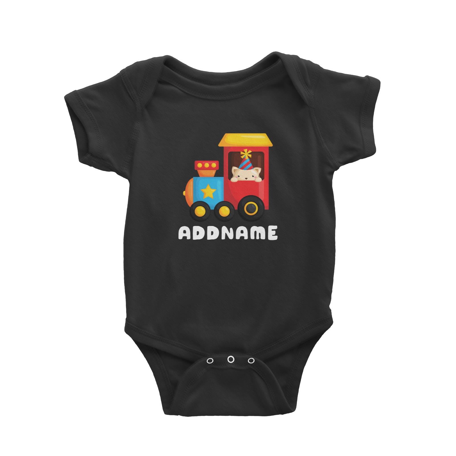 Birthday Fun Train Cat Wearing Party Hat Addname Baby Romper