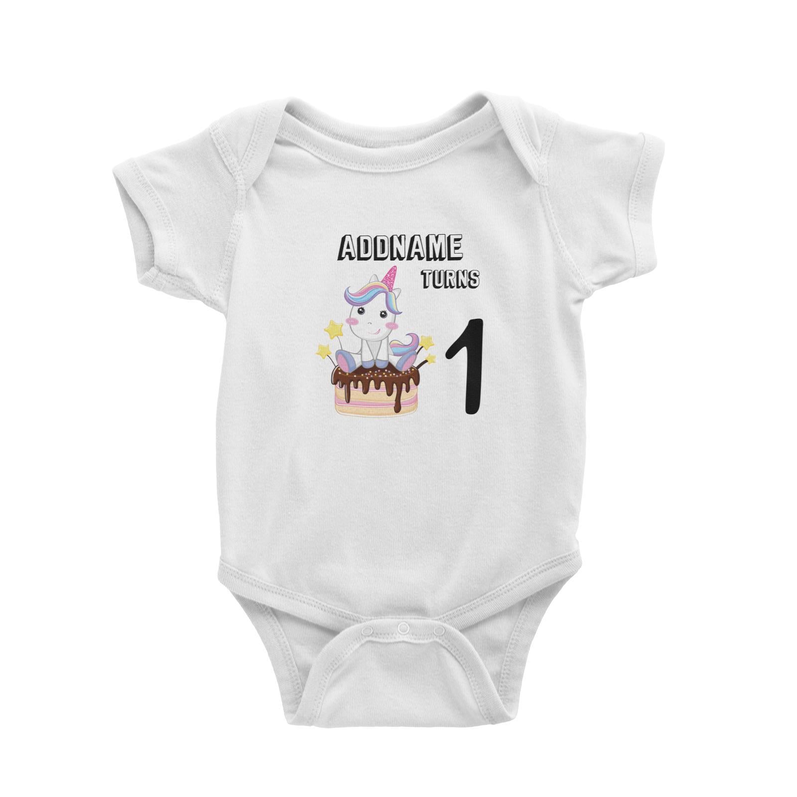 Birthday Unicorn With Cake Addname Turns 1 Baby Romper