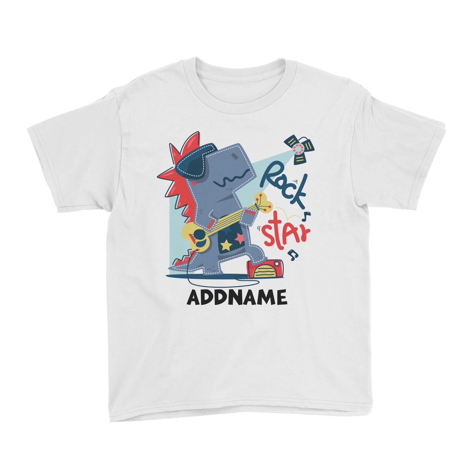 Rock Star Dinosaur with Guitar Addname White Kid's T-Shirt