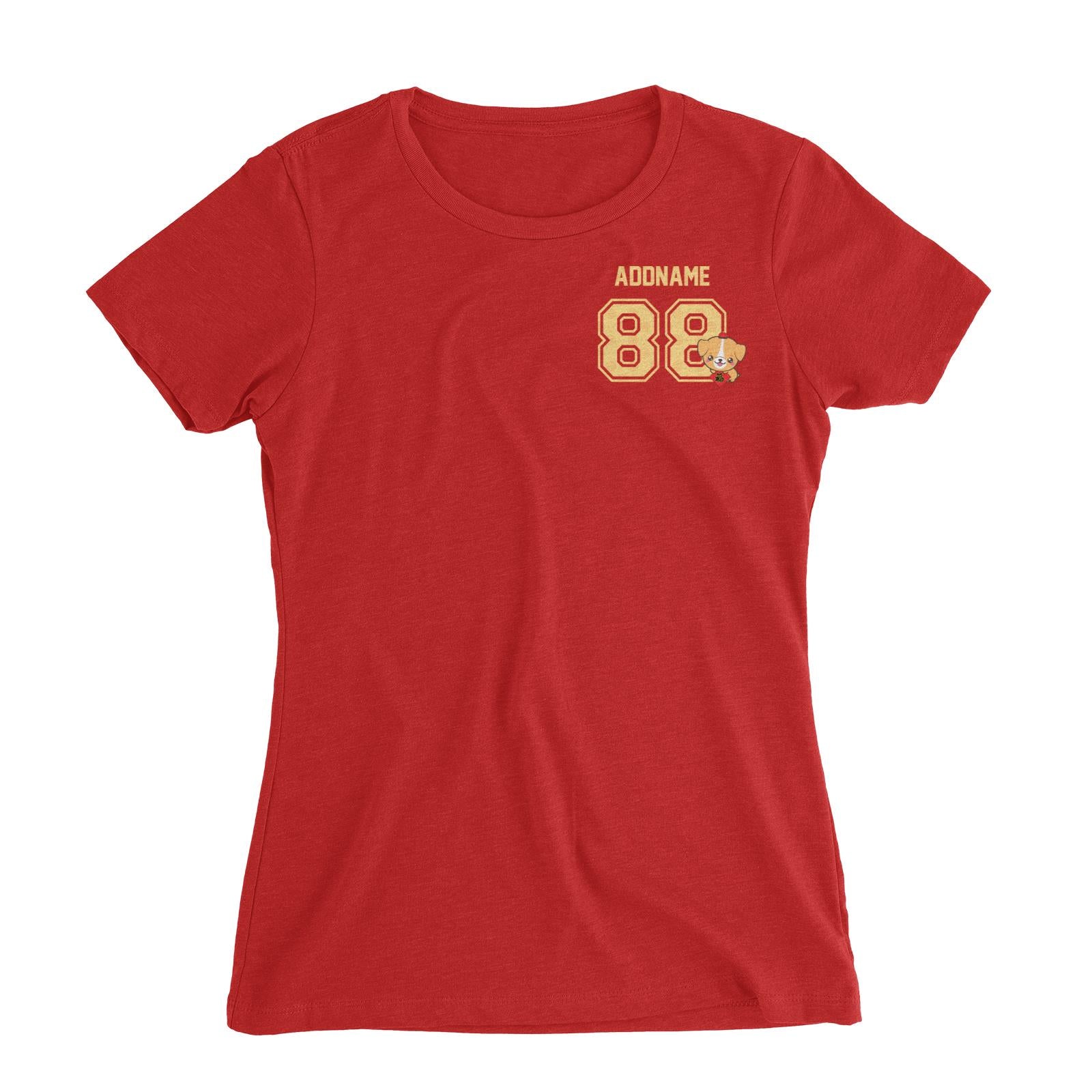 Chinese New Year Lucky 88 Cute Dog Red Pattern Name and Number Pocket Women Slim Fit T-Shirt  Personalizable Designs