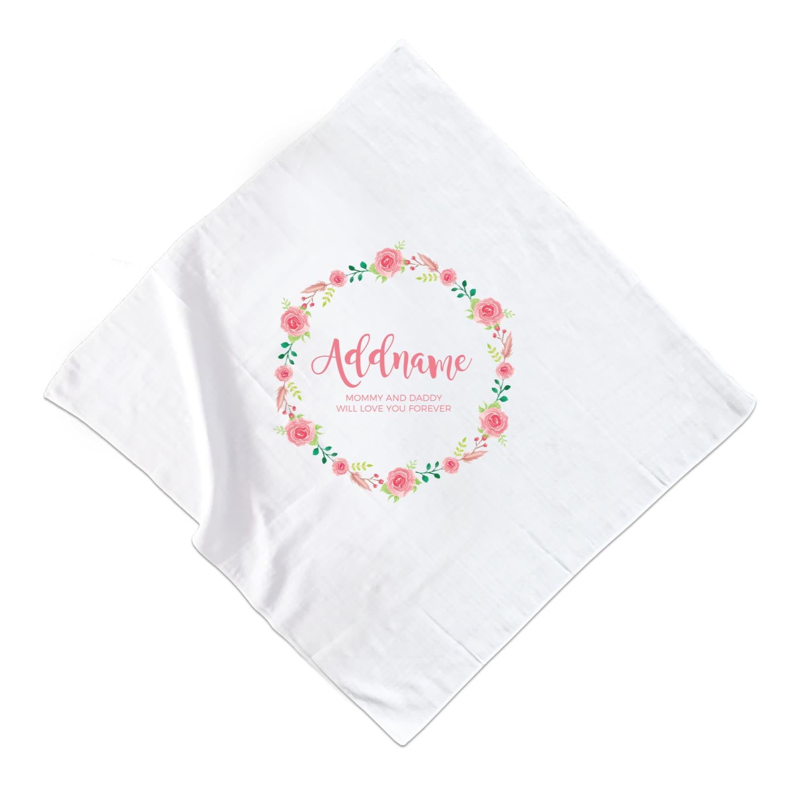 Pink Roses Wreath Personalizable with Name and Text Muslin Square