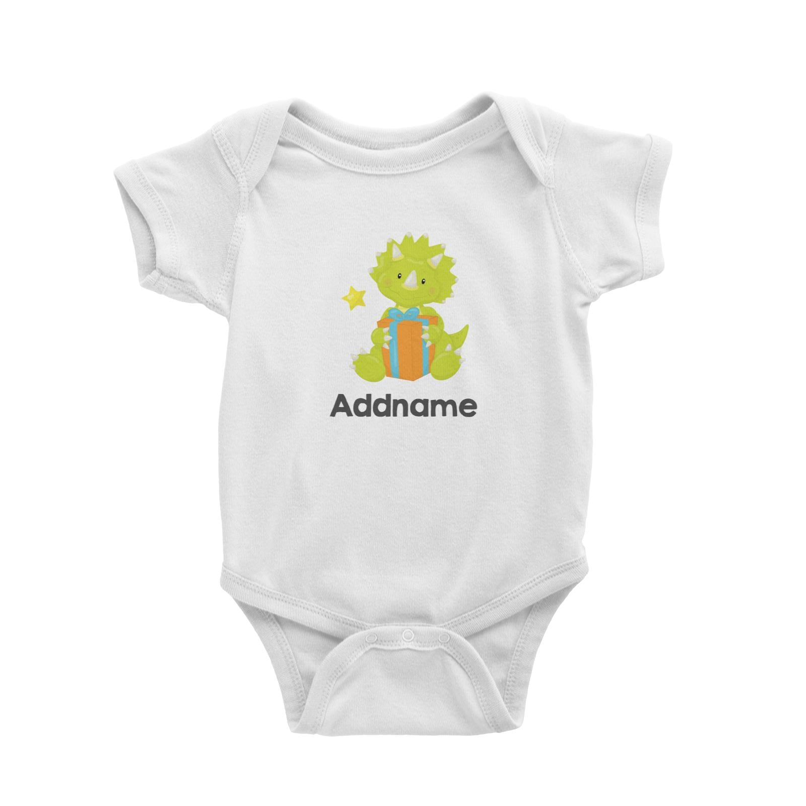 Dino Birthday Green Triceratop with Birthday Hat Addname White Baby Romper
