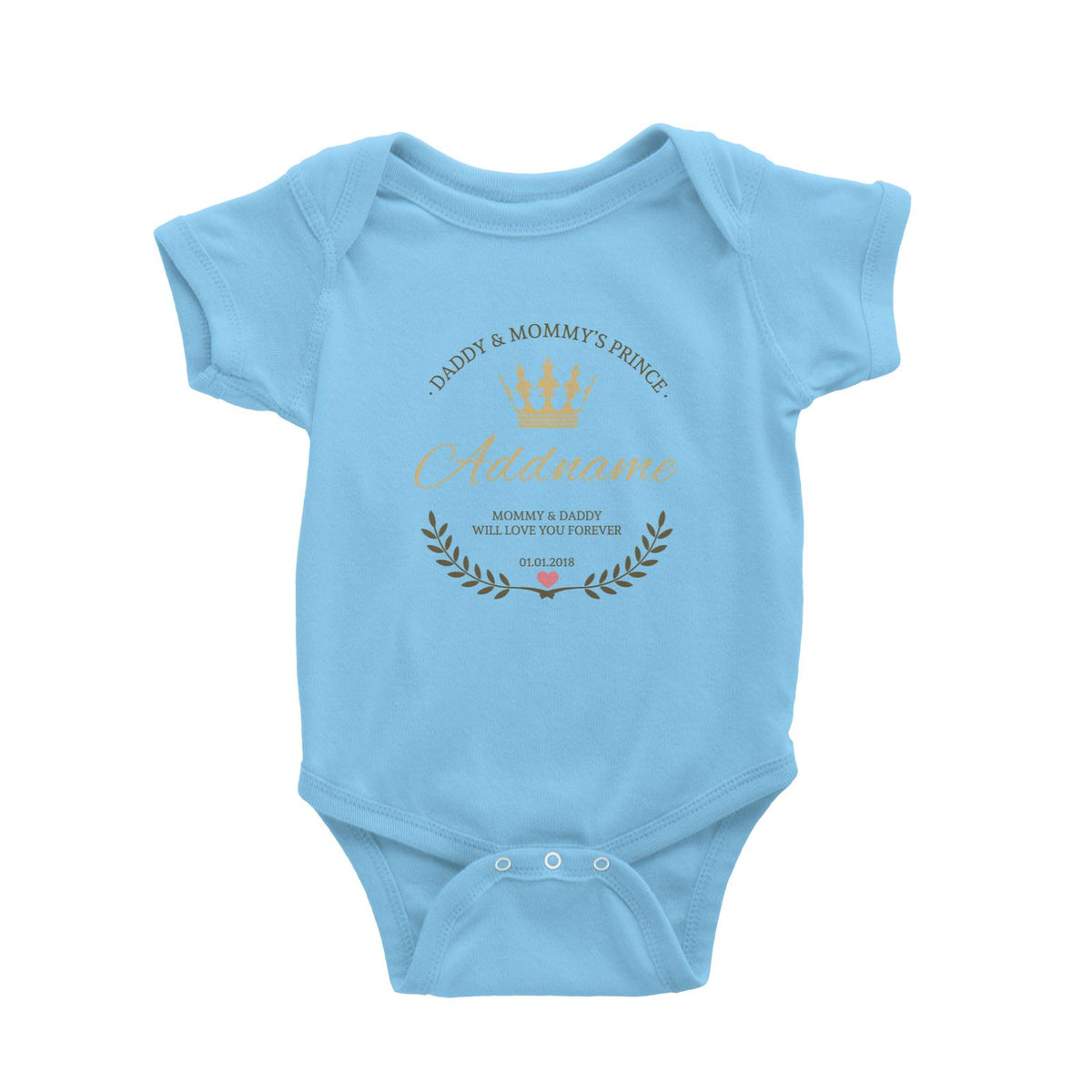 Daddy and Mommy&#39;s Prince with Crown Wreath Personalizable with Name Text and Date Baby Romper