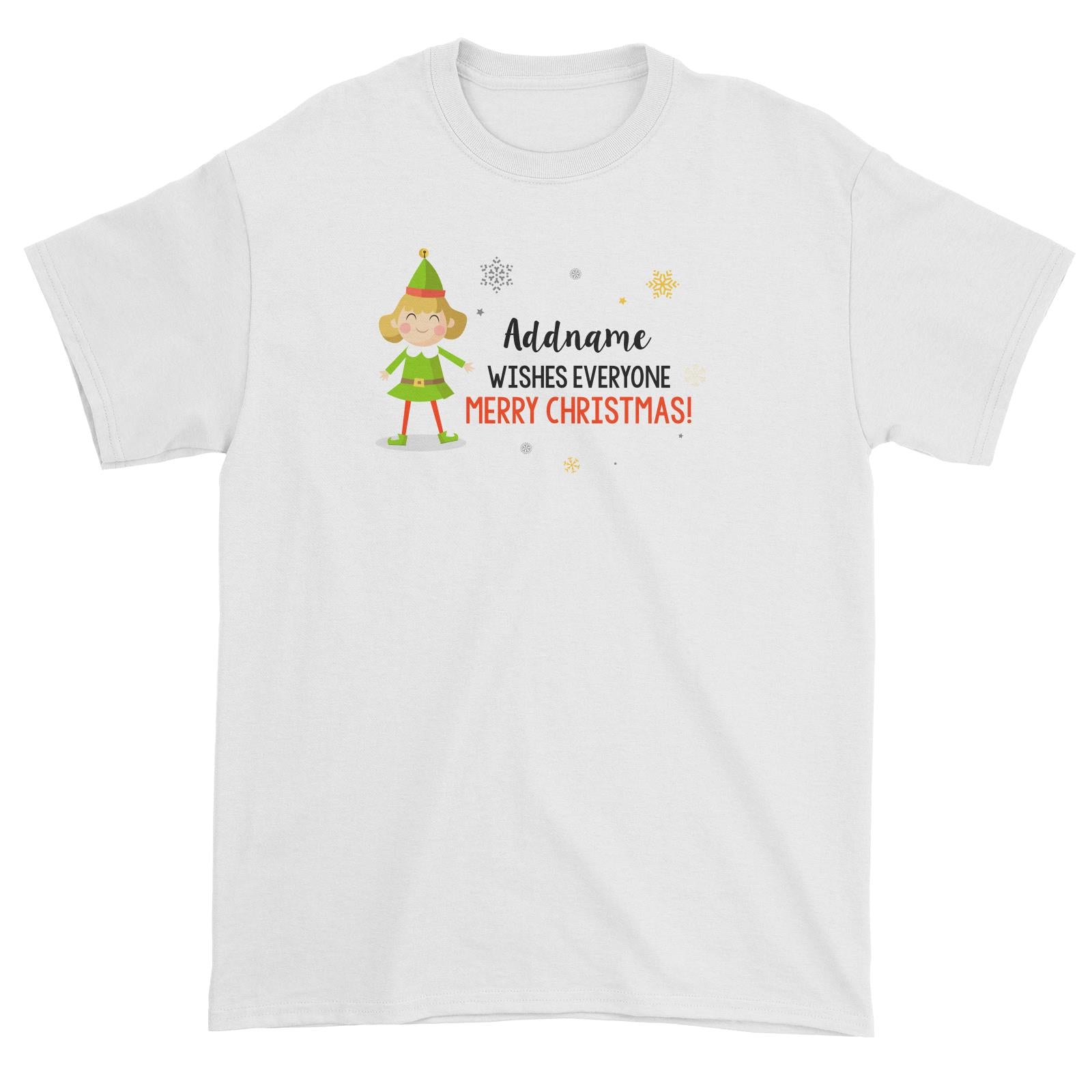 Cute Elf Woman Wishes Everyone Merry Christmas Addname Unisex T-Shirt  Matching Family Personalizable Designs