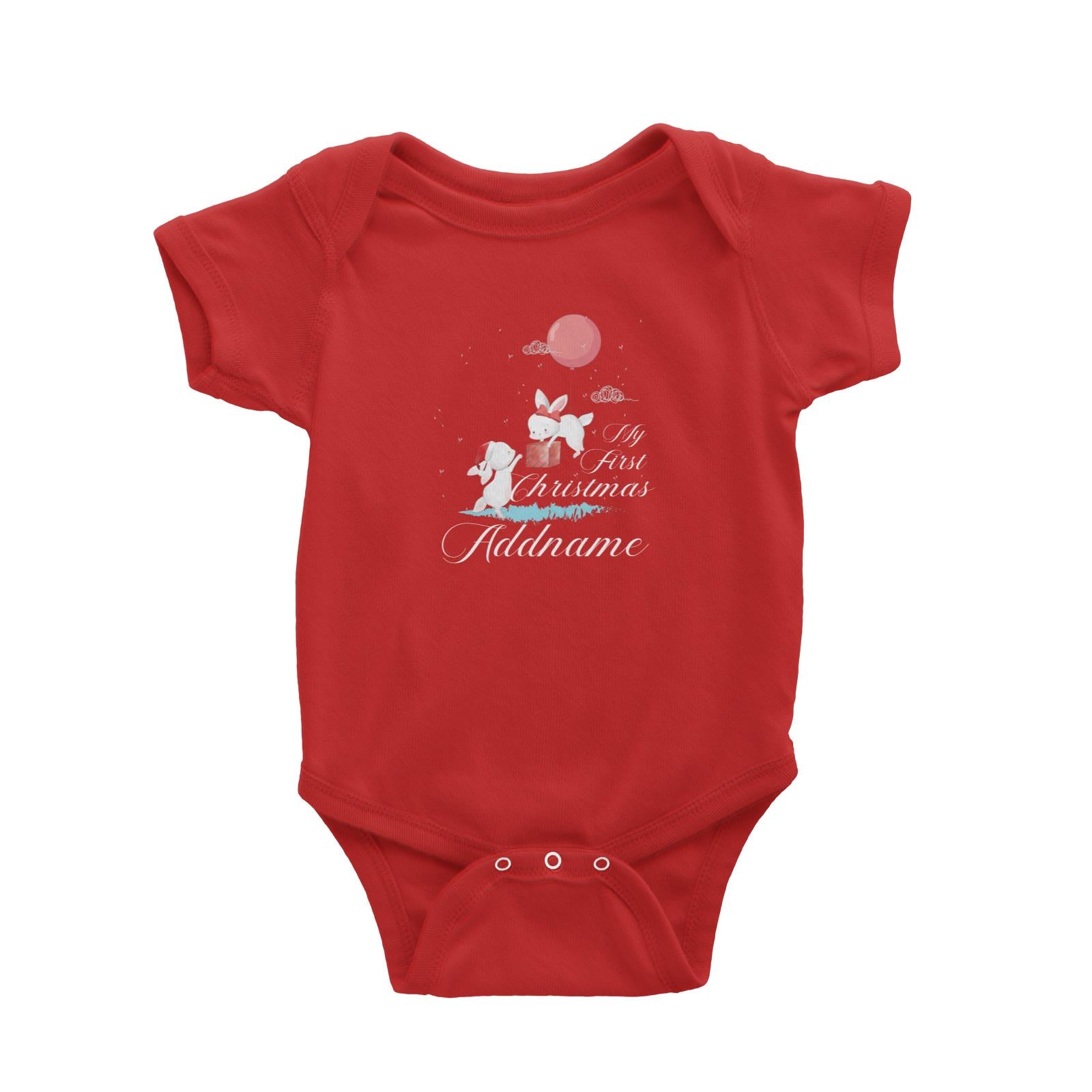 Christmas Cute Rabbits With Balloon and Present My First Christmas Addname Baby Romper