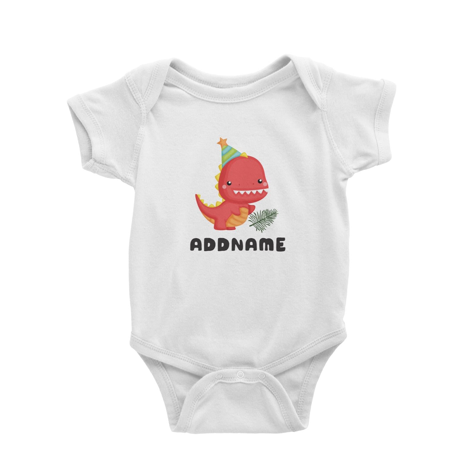 Birthday Dinosaur Happy Red Rex Wearing Party Hat Addname Baby Romper