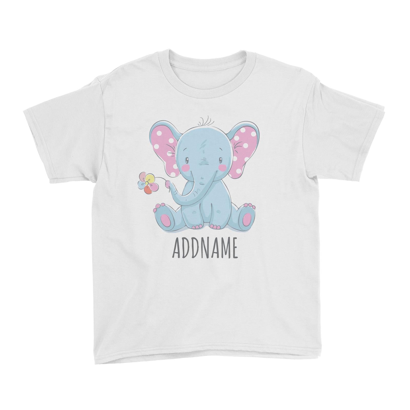 Sitting Boy Elephant with Flower White Kid's T-Shirt Personalizable Designs Cute Sweet Animal For Boys Newborn HG