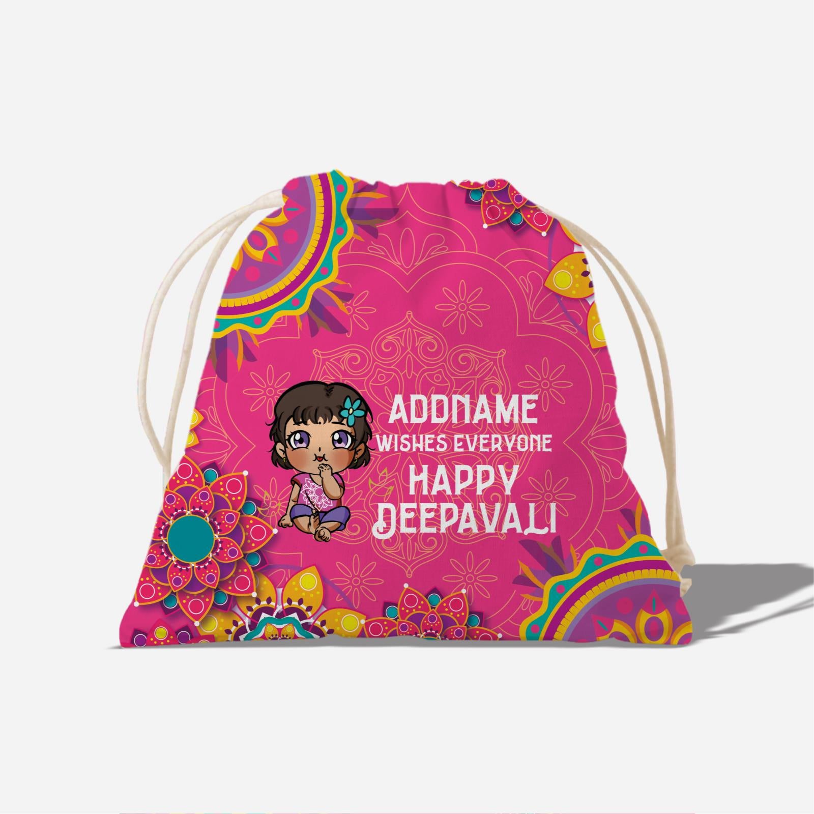 Deepavali Chibi Full Print Satchel - Baby Girl Front Addname Wishes Everyone Deepavali