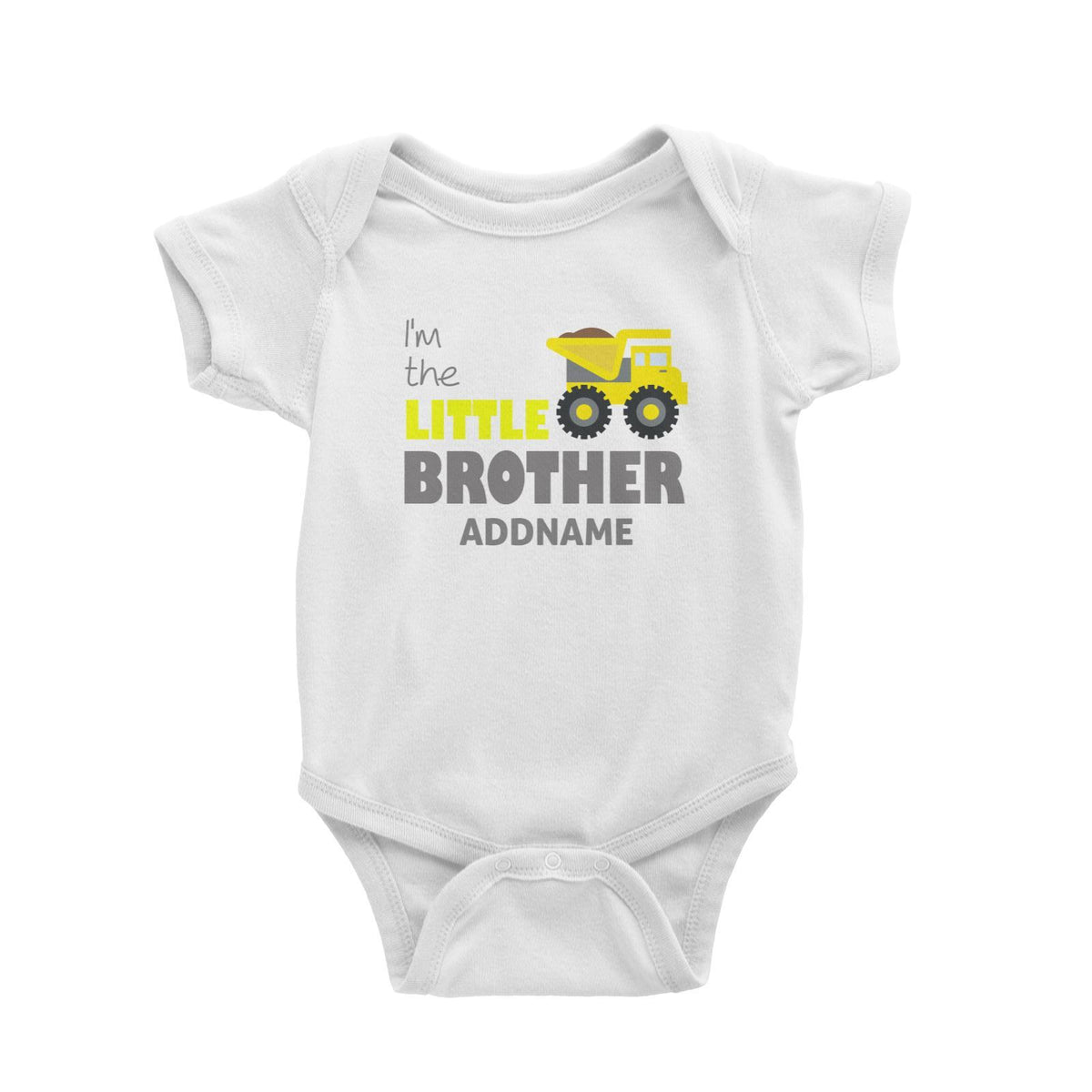 I'm The Little Brother Addname with Yellow Bulldozer Baby Romper Personalizable Designs Basic Newborn