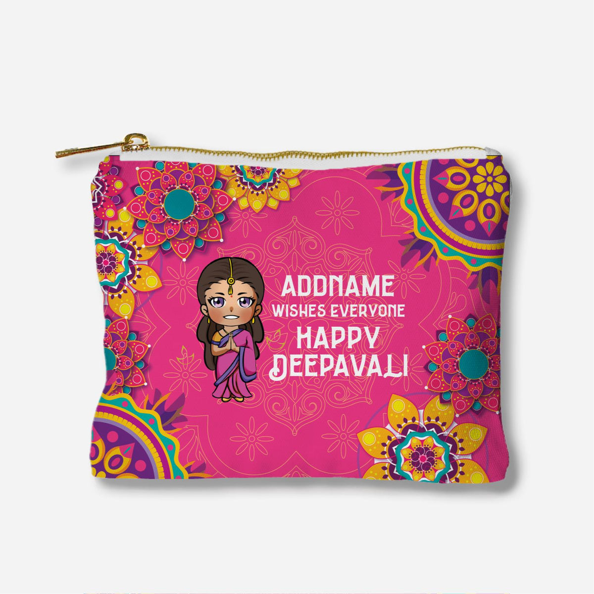 Deepavali Chibi Full Print Zipper Pouch - Woman Front Addname Wishes Everyone Deepavali